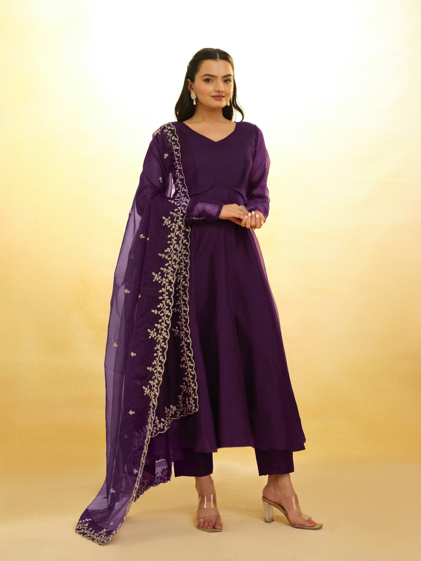 Graceful Purple Organza Anarkali Pant Suit with Dupatta - ETHNICDEAL
