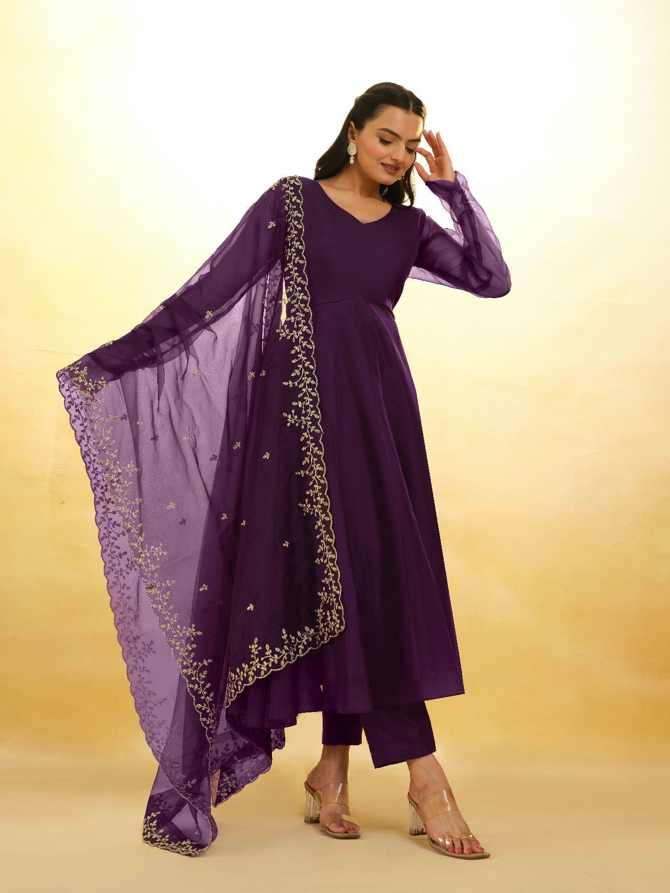 Graceful Purple Organza Anarkali Pant Suit with Dupatta - ETHNICDEAL