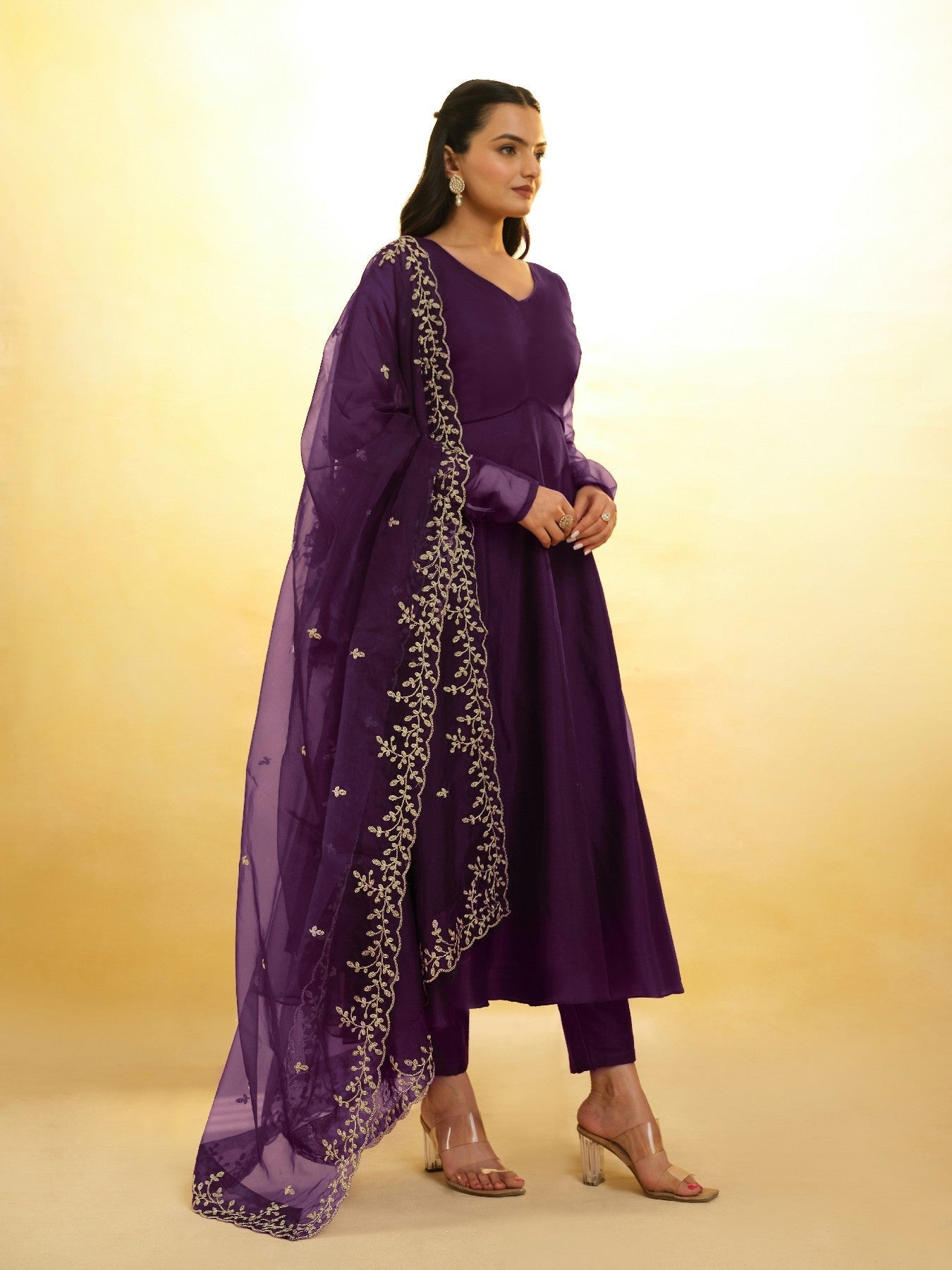 Graceful Purple Organza Anarkali Pant Suit with Dupatta - ETHNICDEAL