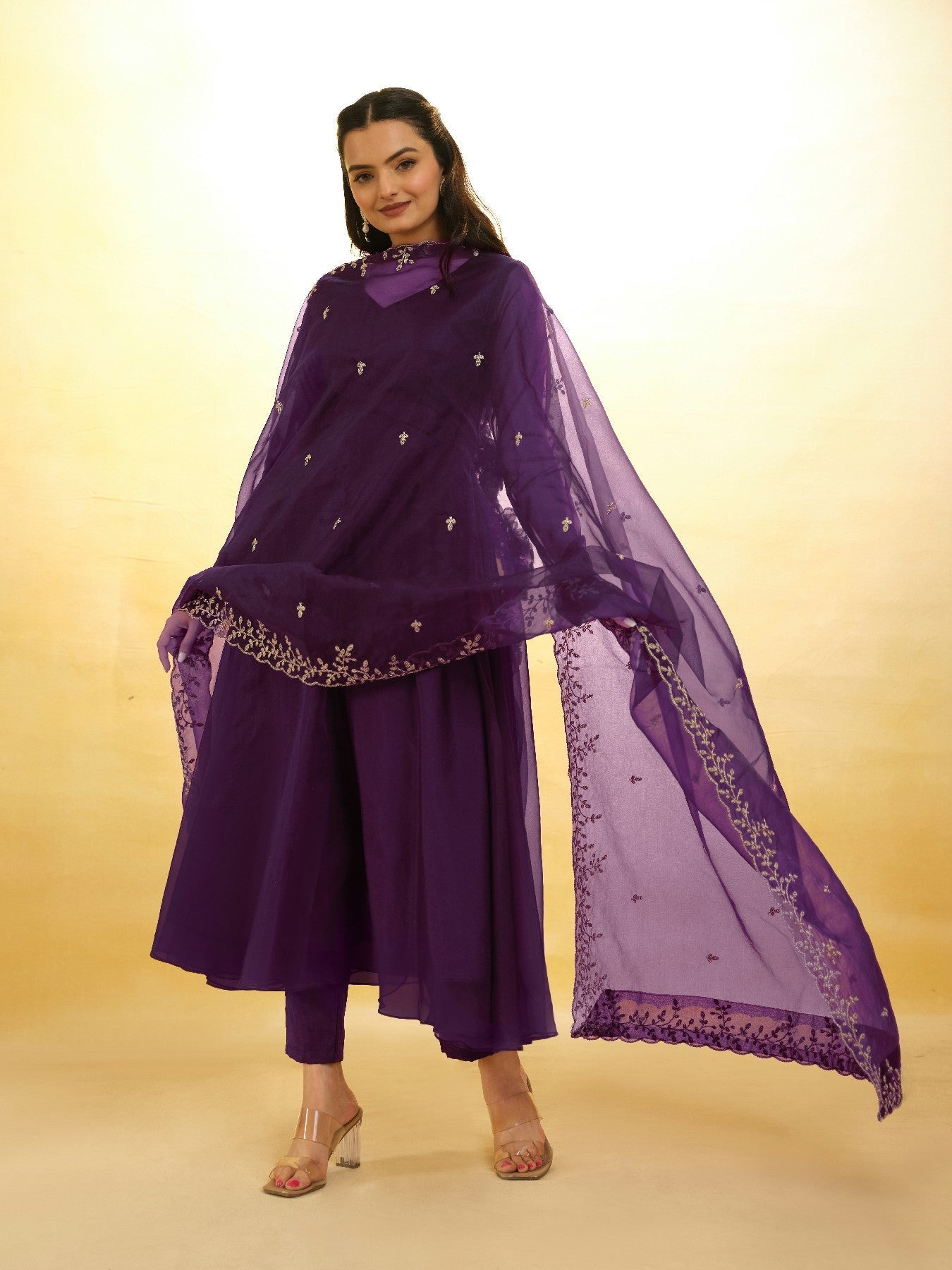 Graceful Purple Organza Anarkali Pant Suit with Dupatta - ETHNICDEAL