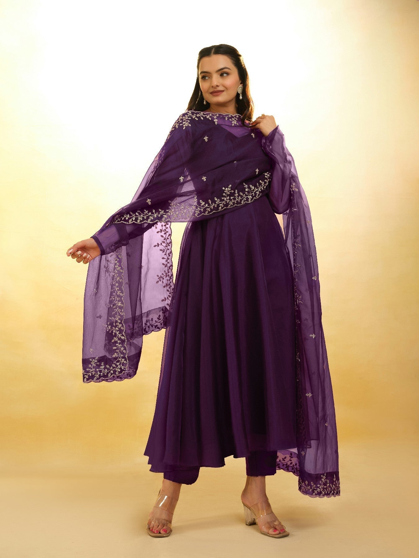 Graceful Purple Organza Anarkali Pant Suit with Dupatta - ETHNICDEAL