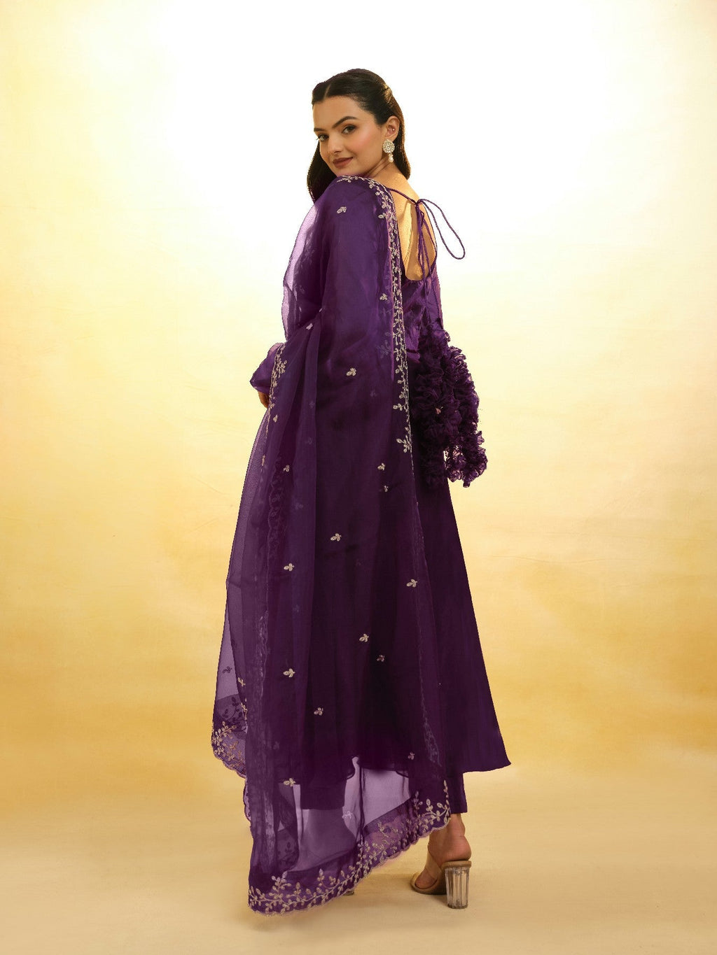 Graceful Purple Organza Anarkali Pant Suit with Dupatta - ETHNICDEAL