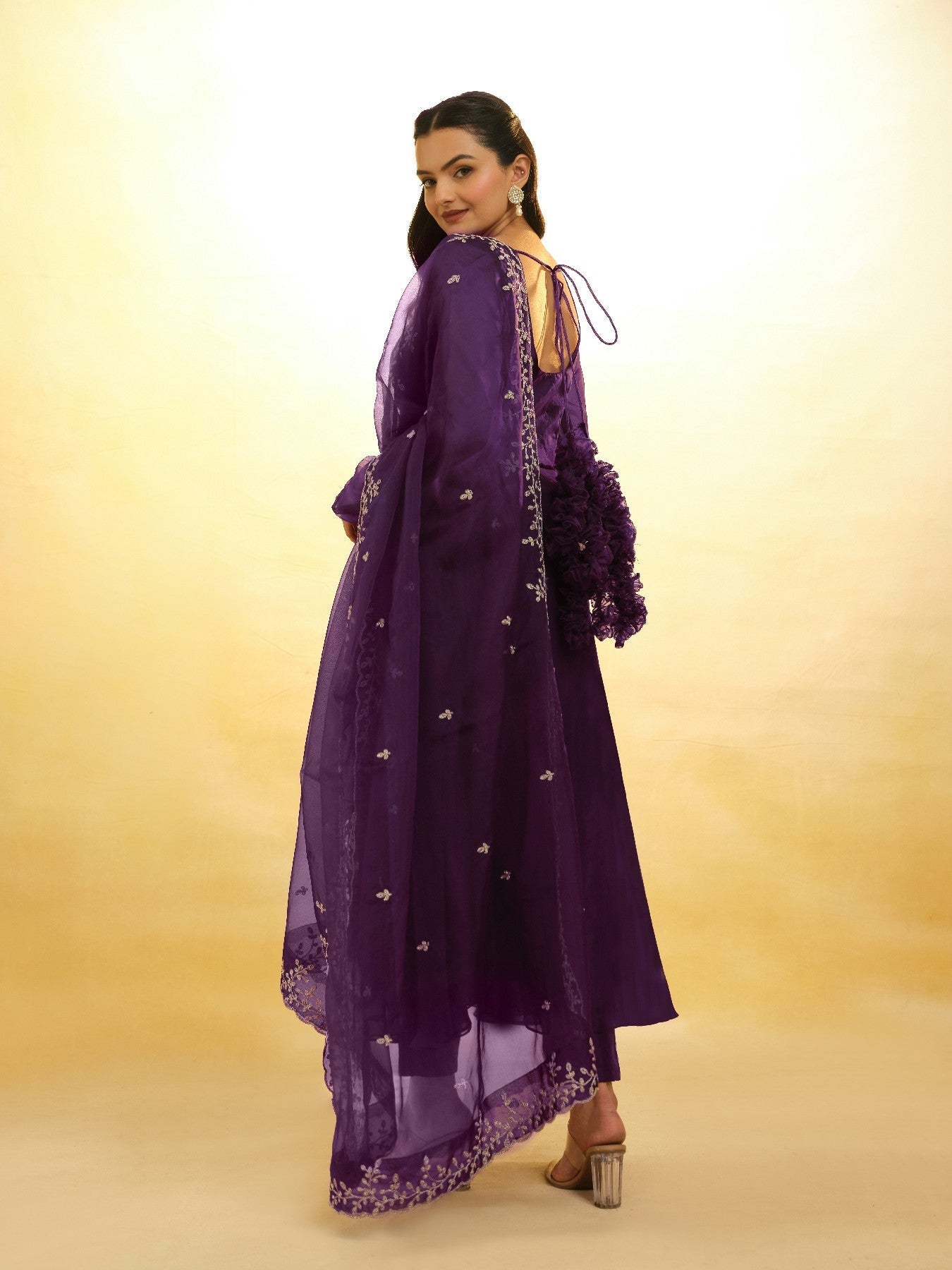 Graceful Purple Organza Anarkali Pant Suit with Dupatta - ETHNICDEAL