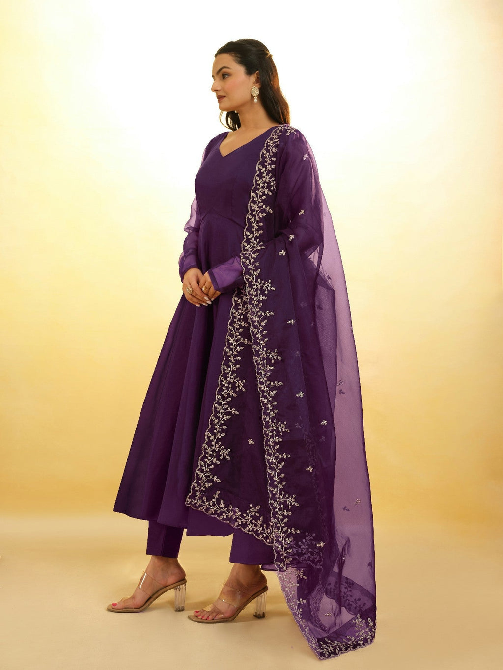 Graceful Purple Organza Anarkali Pant Suit with Dupatta - ETHNICDEAL