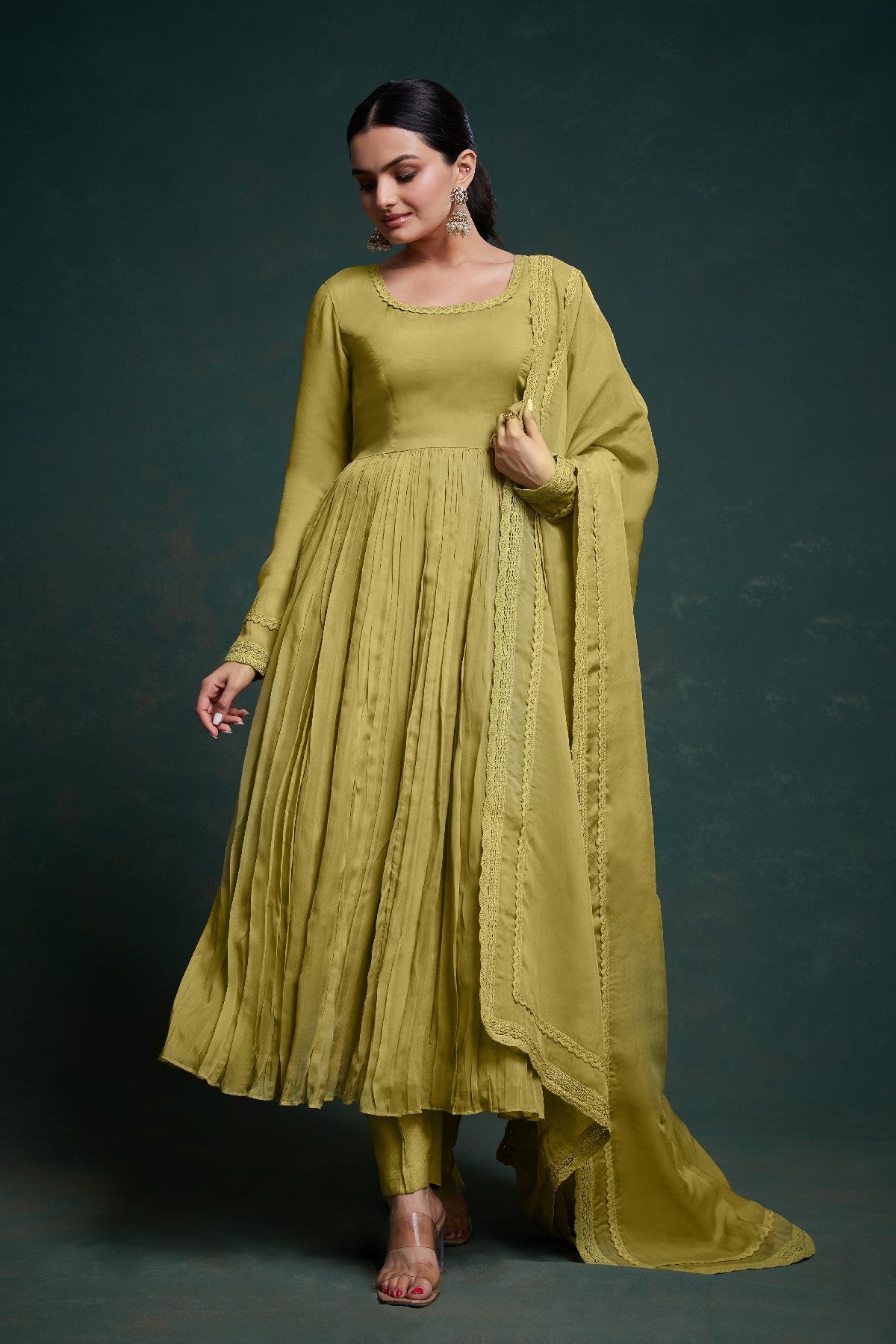 Green Organza Fully Stitched Fully Flared Anarkali Pant Suit - ETHNICDEAL