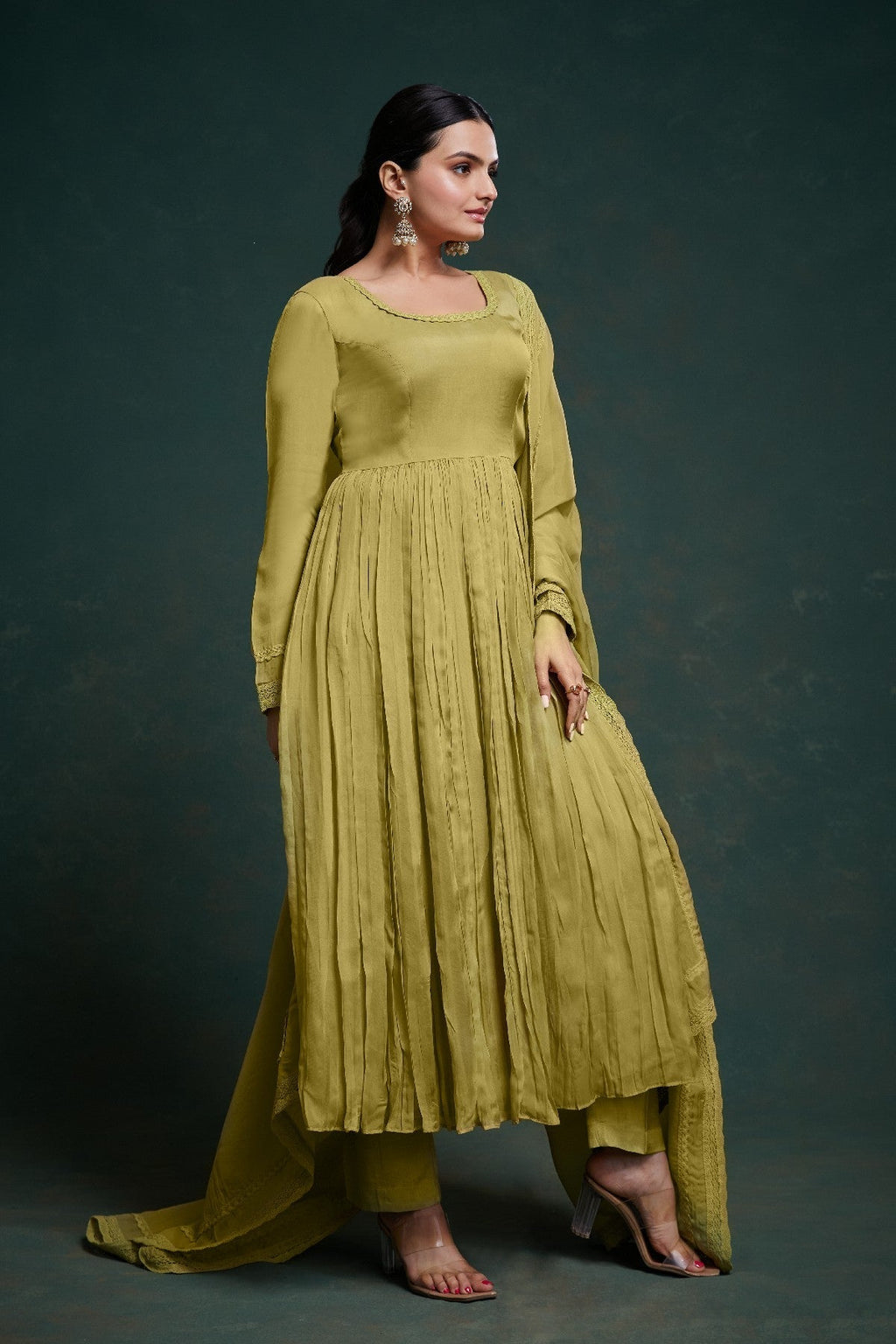 Green Organza Fully Stitched Fully Flared Anarkali Pant Suit - ETHNICDEAL