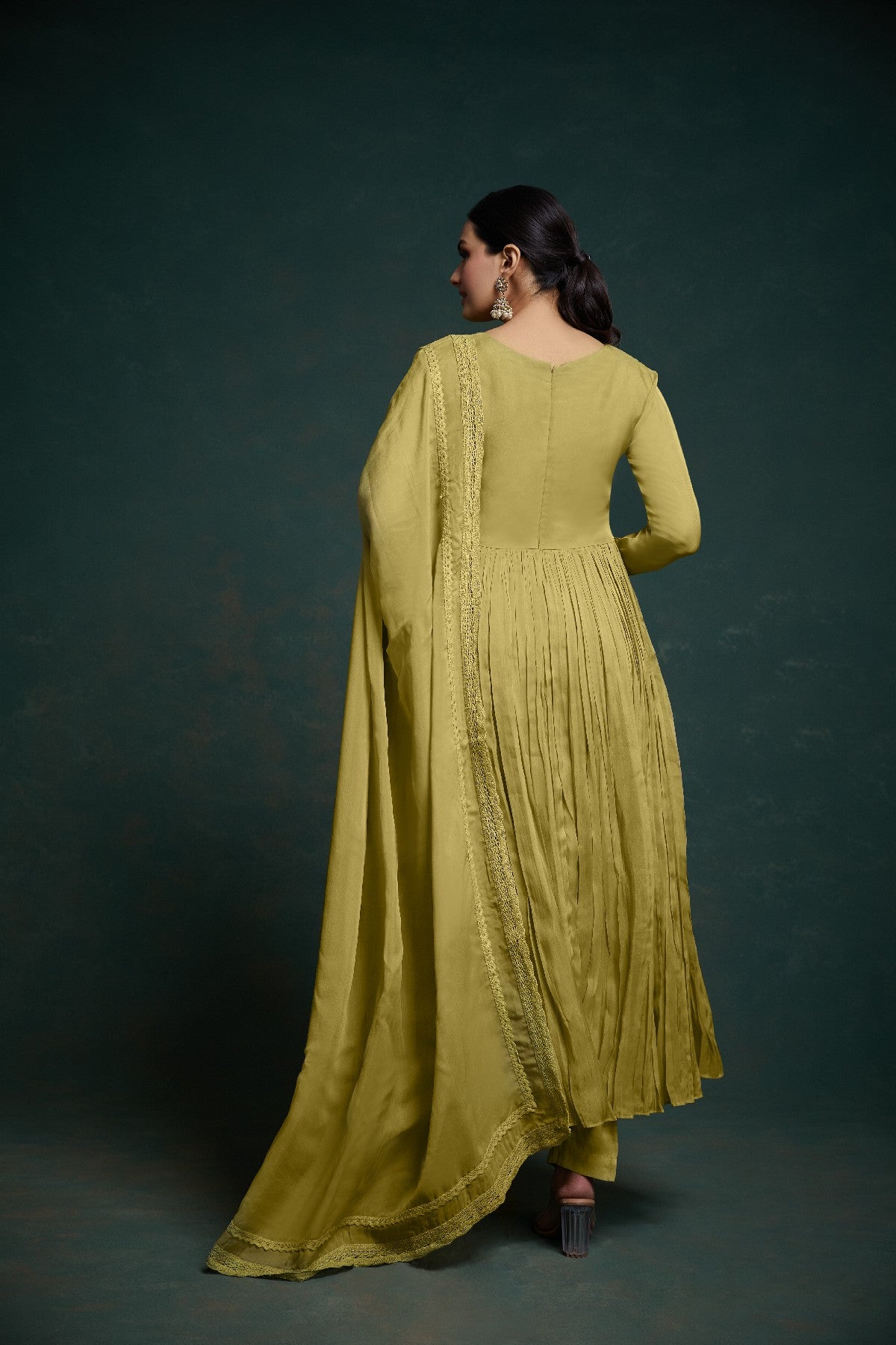 Green Organza Fully Stitched Fully Flared Anarkali Pant Suit - ETHNICDEAL