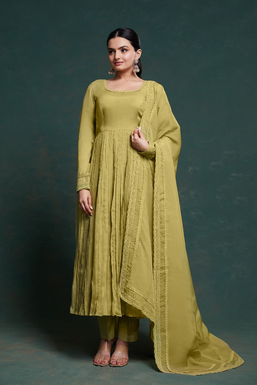 Green Organza Fully Stitched Fully Flared Anarkali Pant Suit - ETHNICDEAL