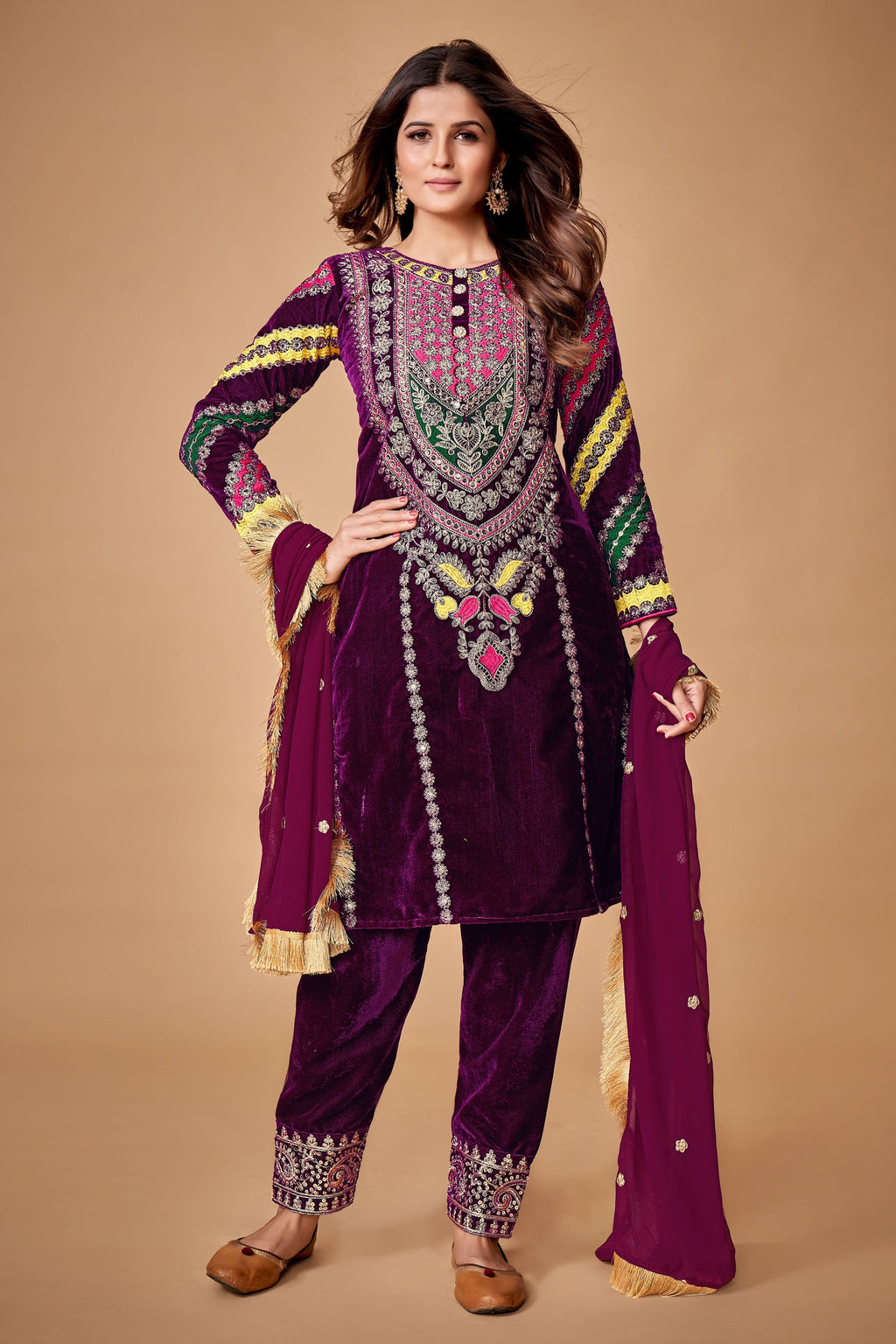 Royal Wine Viscose Velvet Embroidered Anarkali Pant Suit - ETHNICDEAL