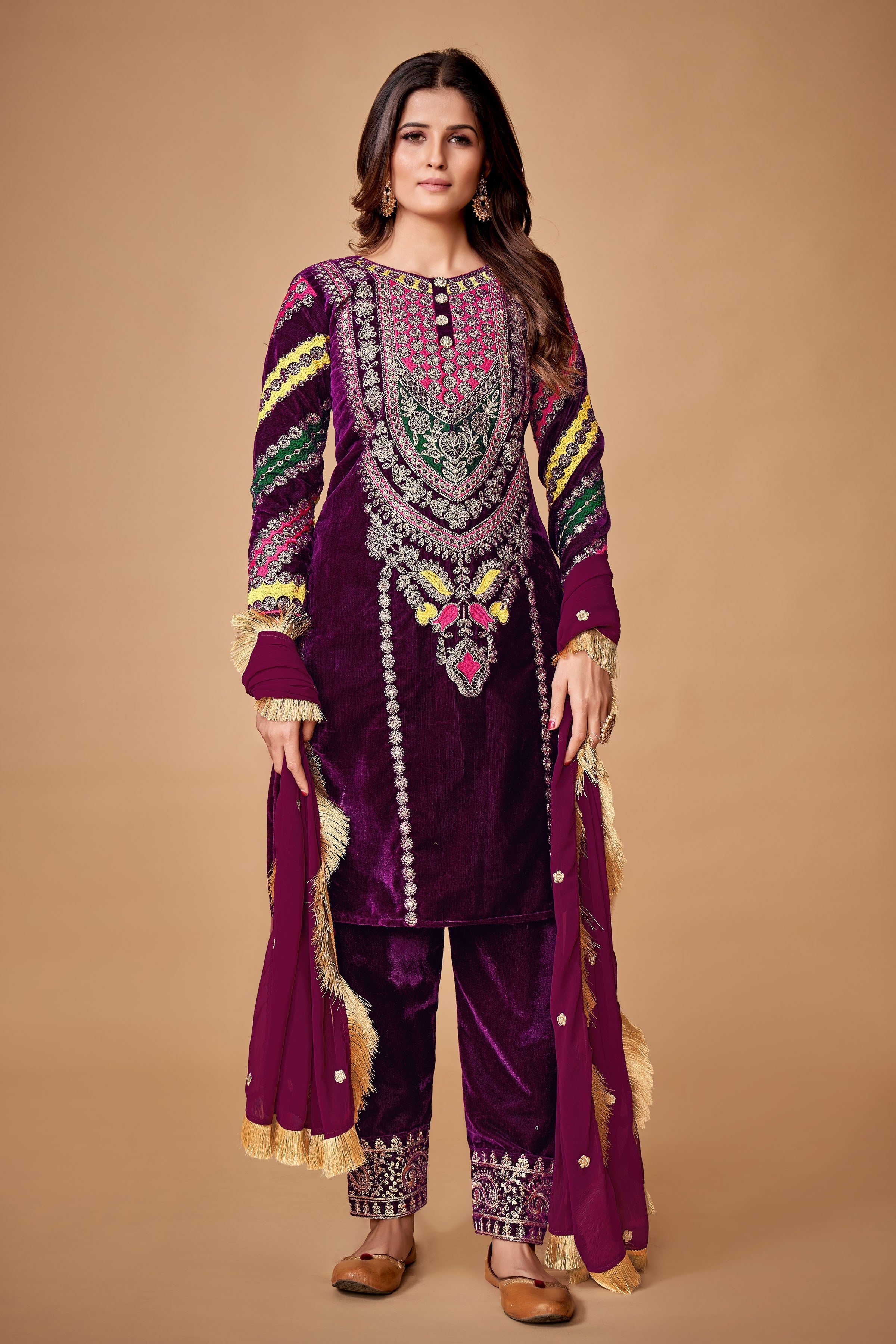 Royal Wine Viscose Velvet Embroidered Anarkali Pant Suit - ETHNICDEAL