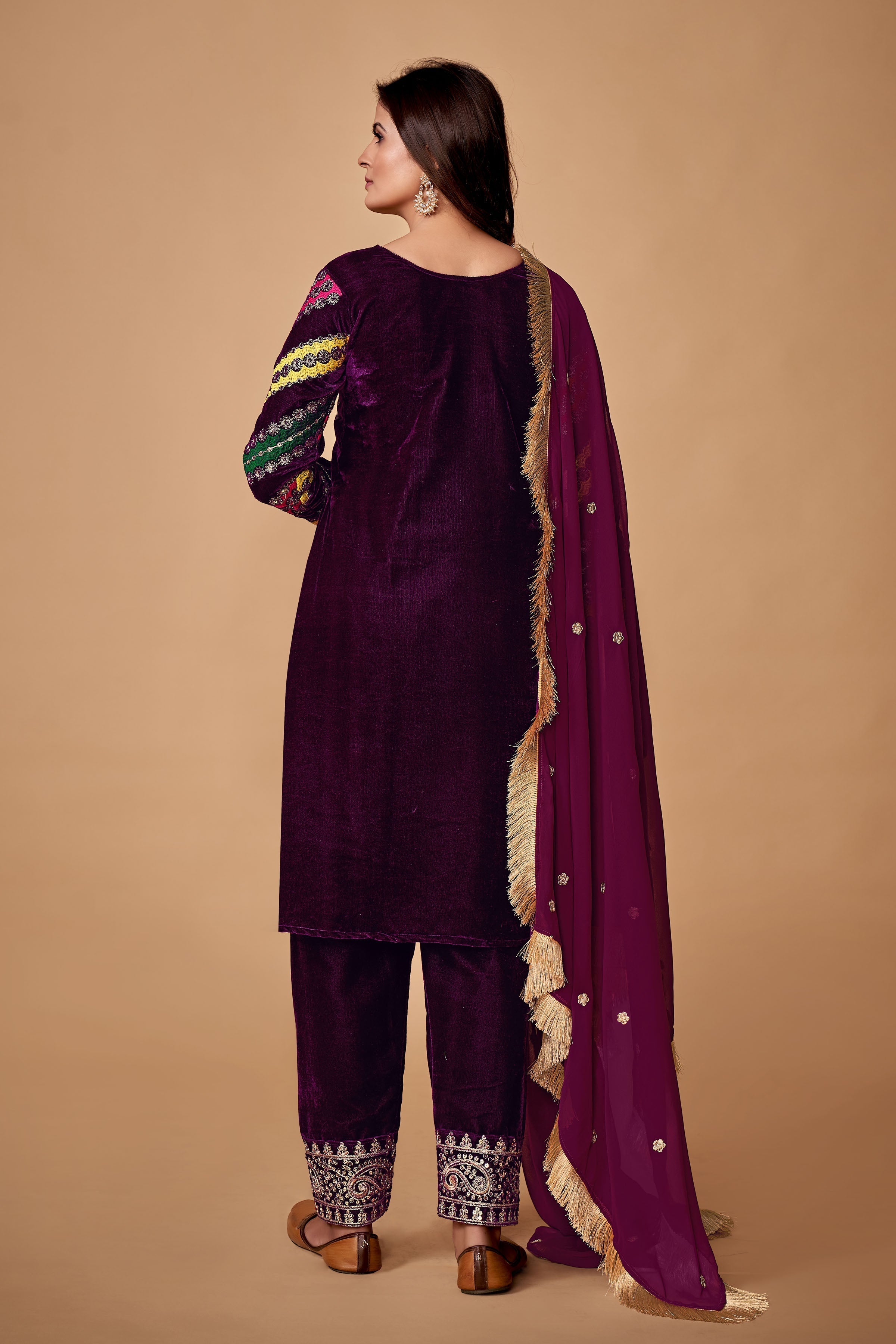 Royal Wine Viscose Velvet Embroidered Anarkali Pant Suit - ETHNICDEAL