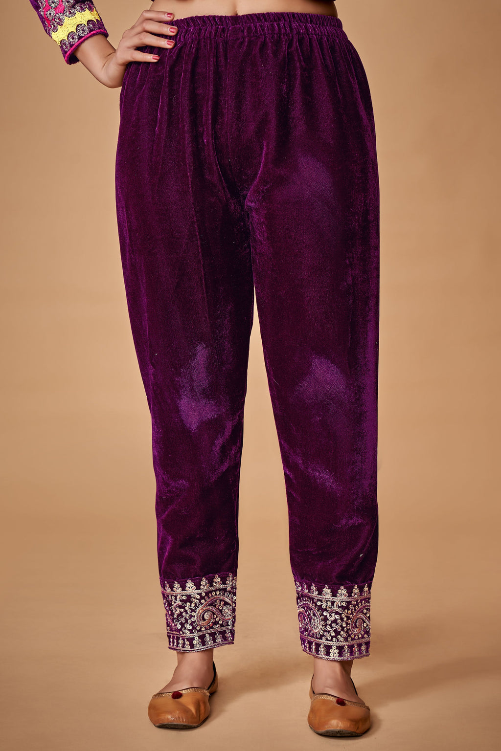 Royal Wine Viscose Velvet Embroidered Anarkali Pant Suit - ETHNICDEAL