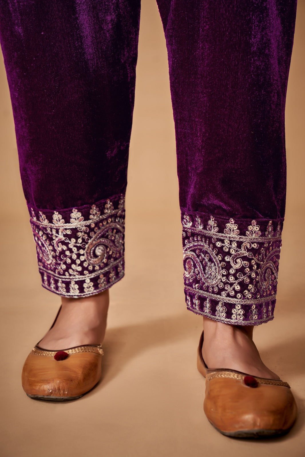 Royal Wine Viscose Velvet Embroidered Anarkali Pant Suit - ETHNICDEAL