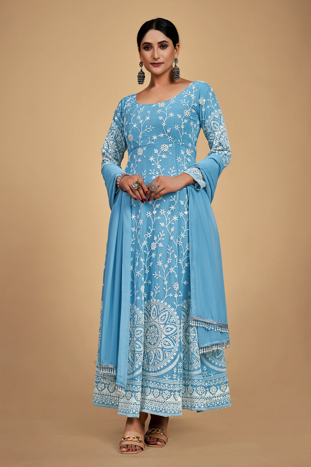 Sky Blue Elegant Georgette Embroidered Anarkali Pant Suit - ETHNICDEAL