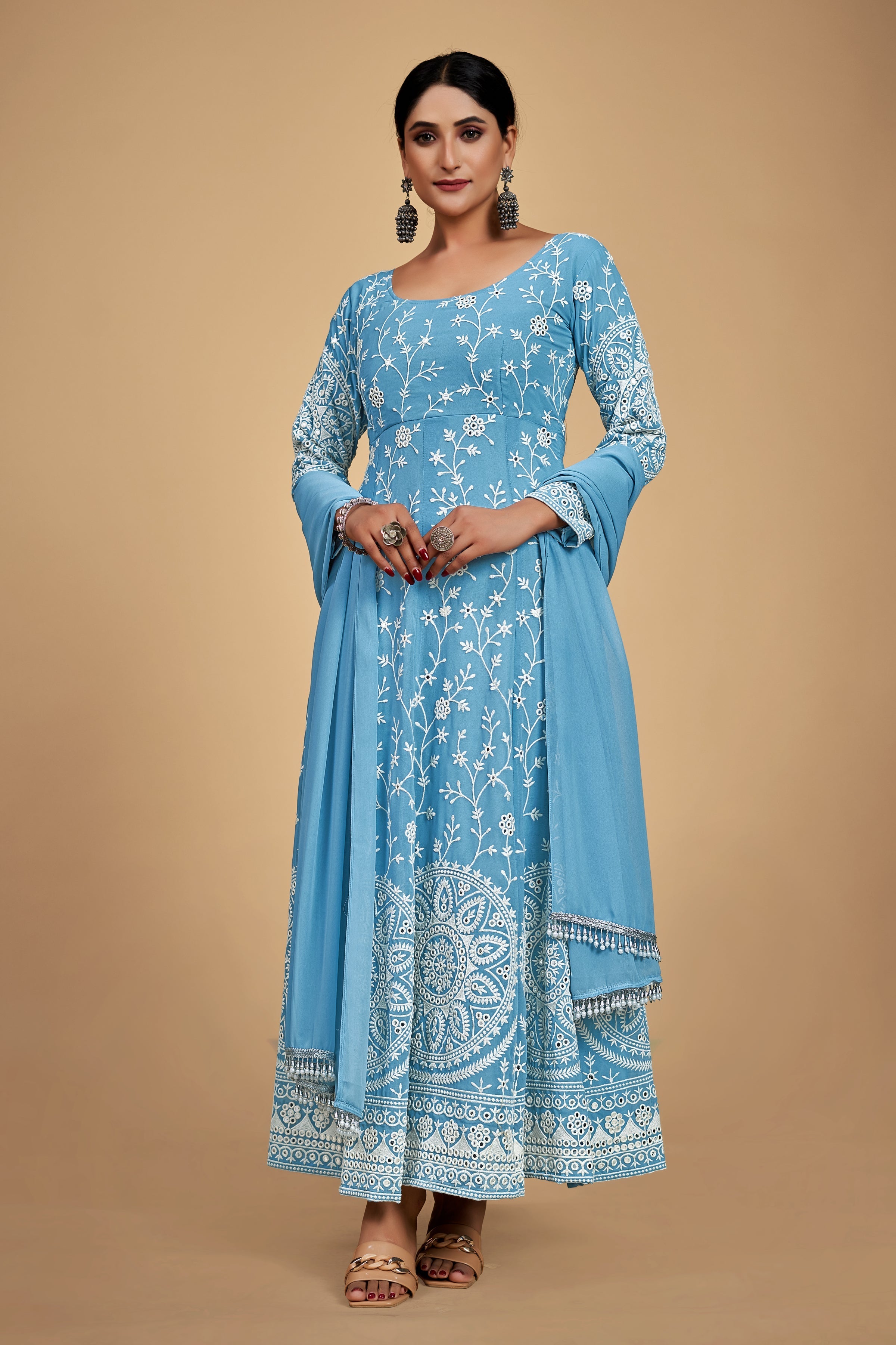 Sky Blue Elegant Georgette Embroidered Anarkali Pant Suit - ETHNICDEAL