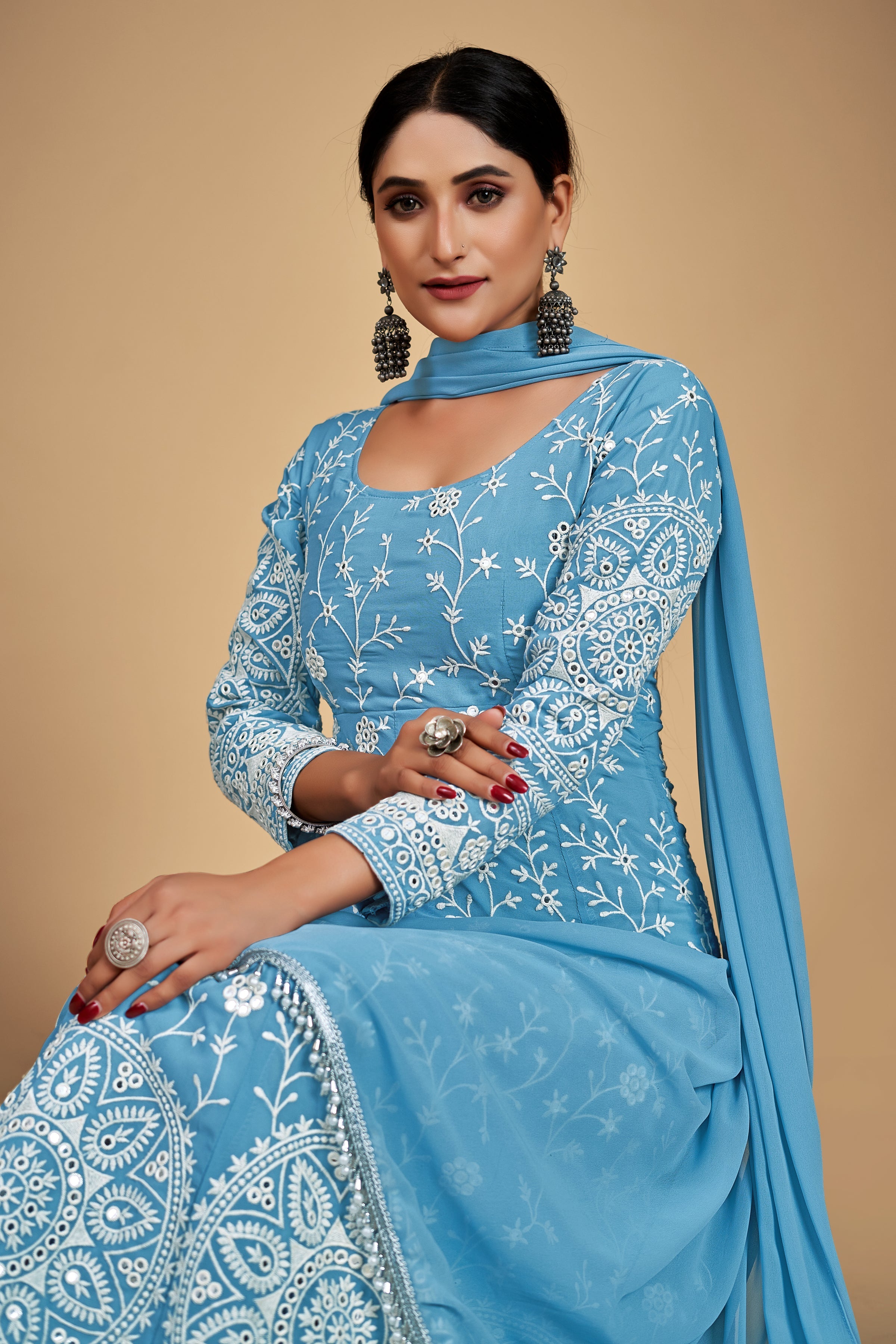 Sky Blue Elegant Georgette Embroidered Anarkali Pant Suit - ETHNICDEAL