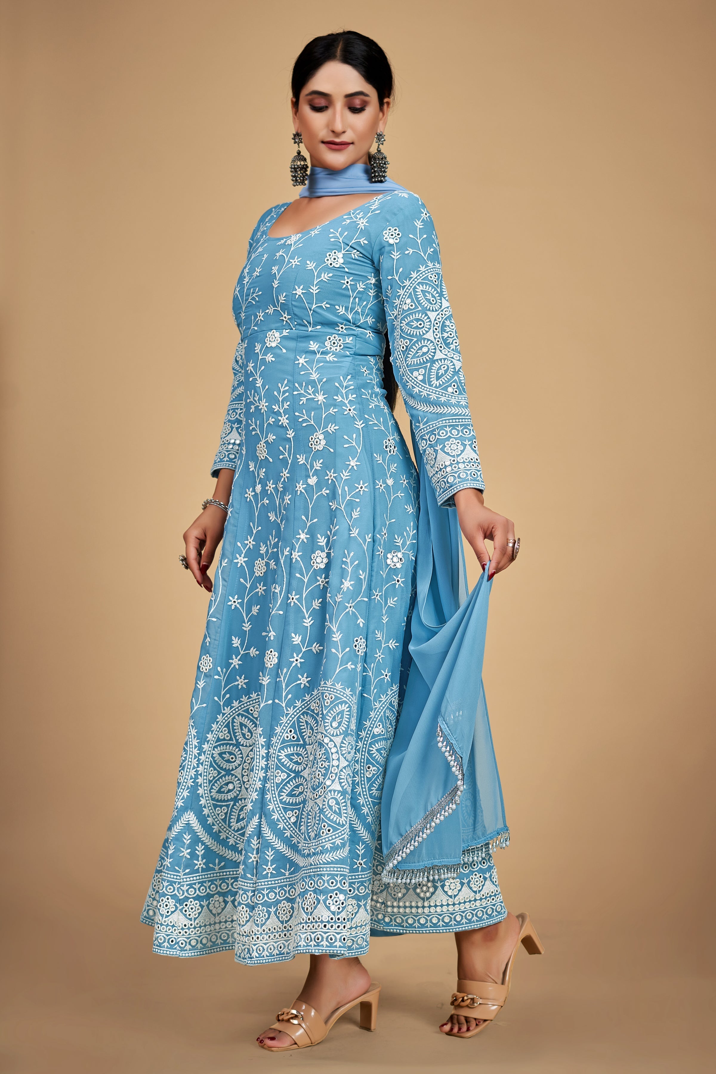 Sky Blue Elegant Georgette Embroidered Anarkali Pant Suit - ETHNICDEAL