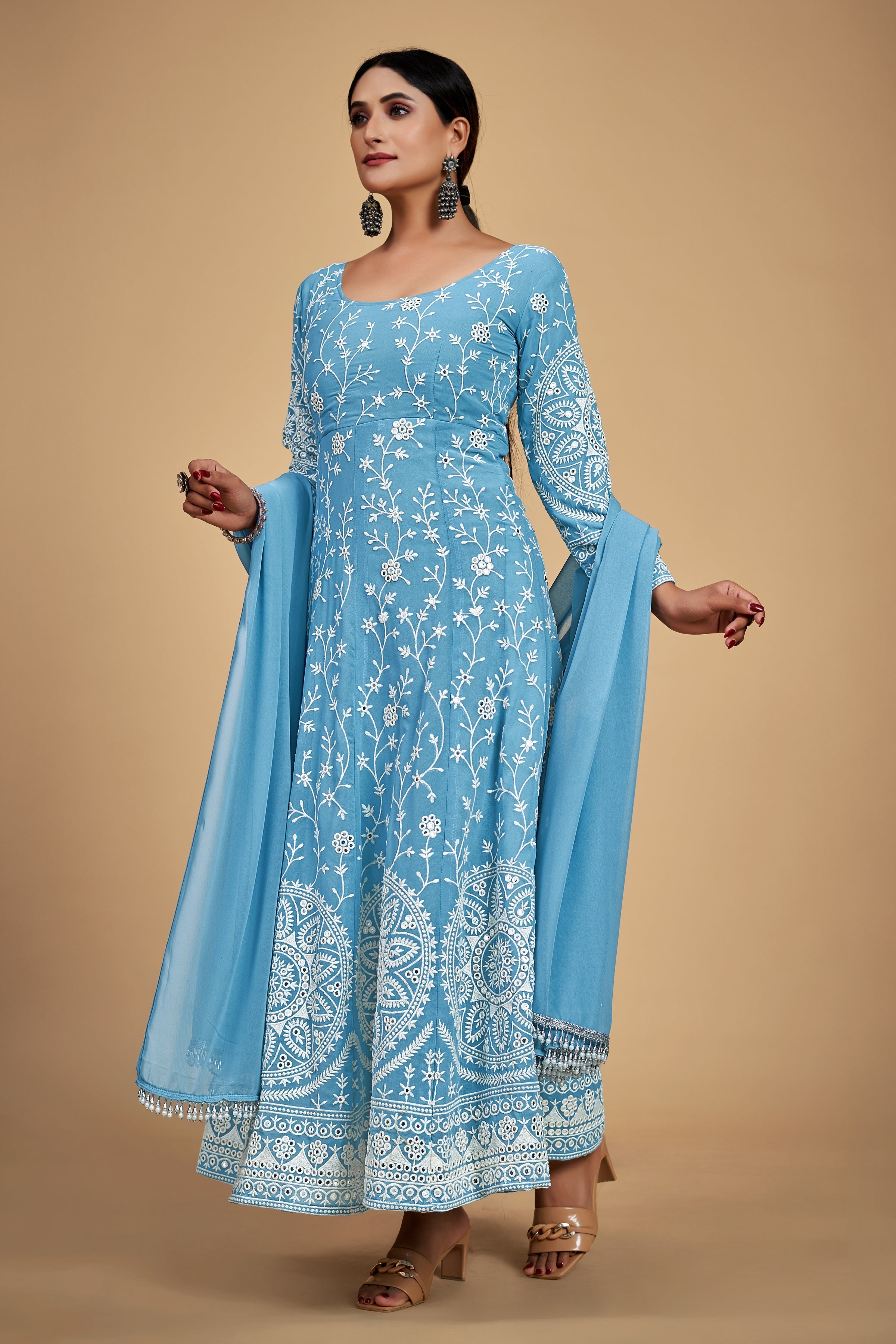 Sky Blue Elegant Georgette Embroidered Anarkali Pant Suit - ETHNICDEAL