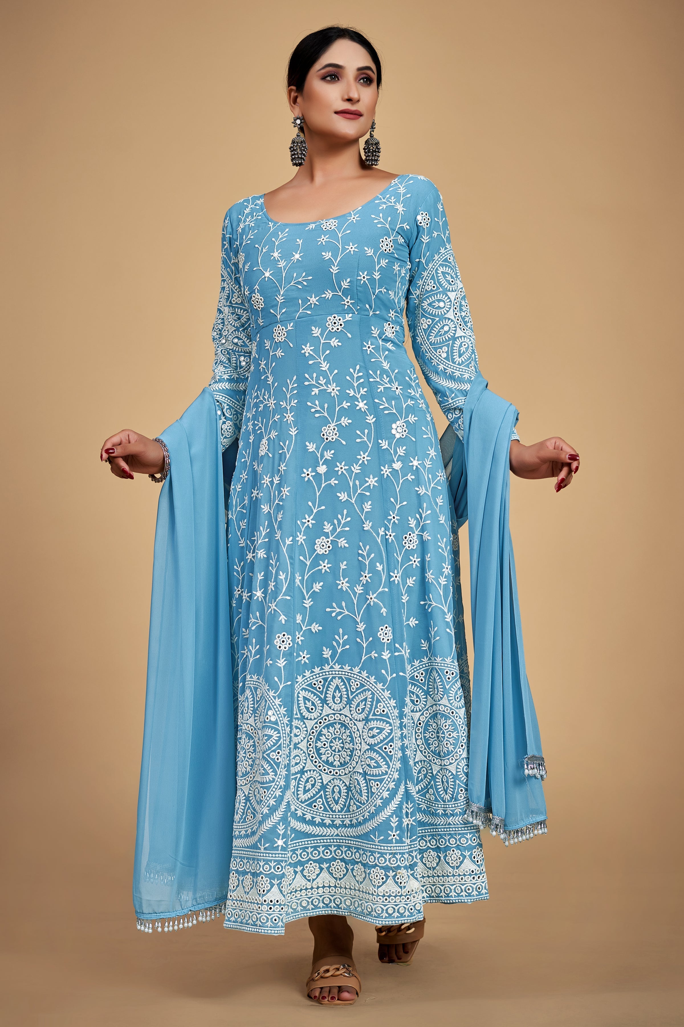Sky Blue Elegant Georgette Embroidered Anarkali Pant Suit - ETHNICDEAL