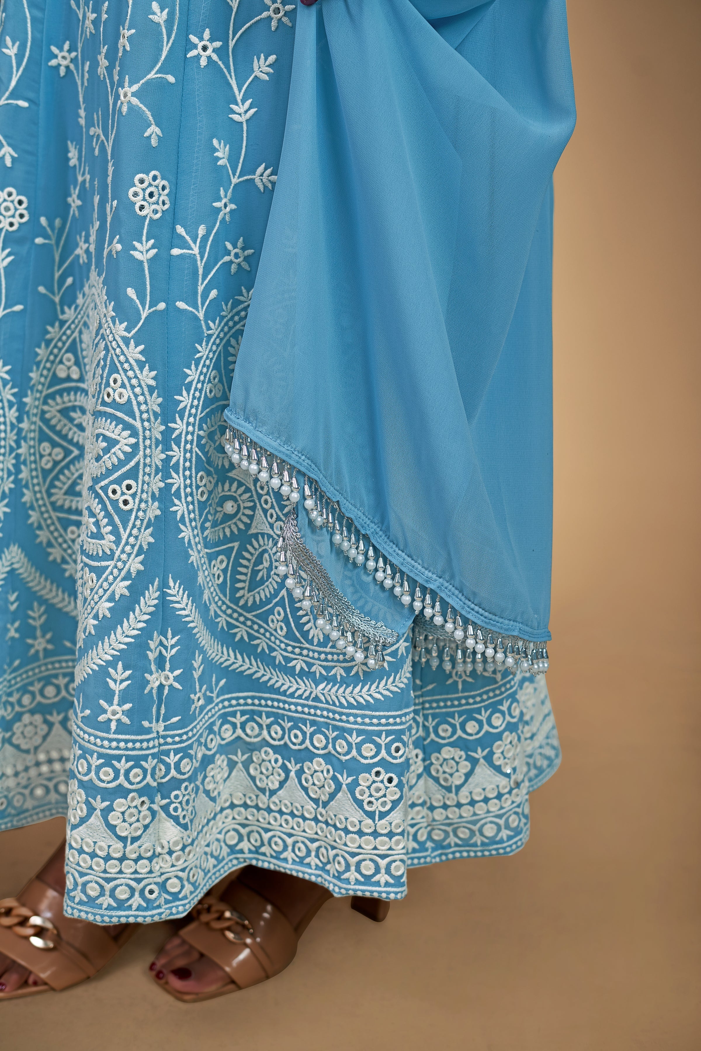 Sky Blue Elegant Georgette Embroidered Anarkali Pant Suit - ETHNICDEAL