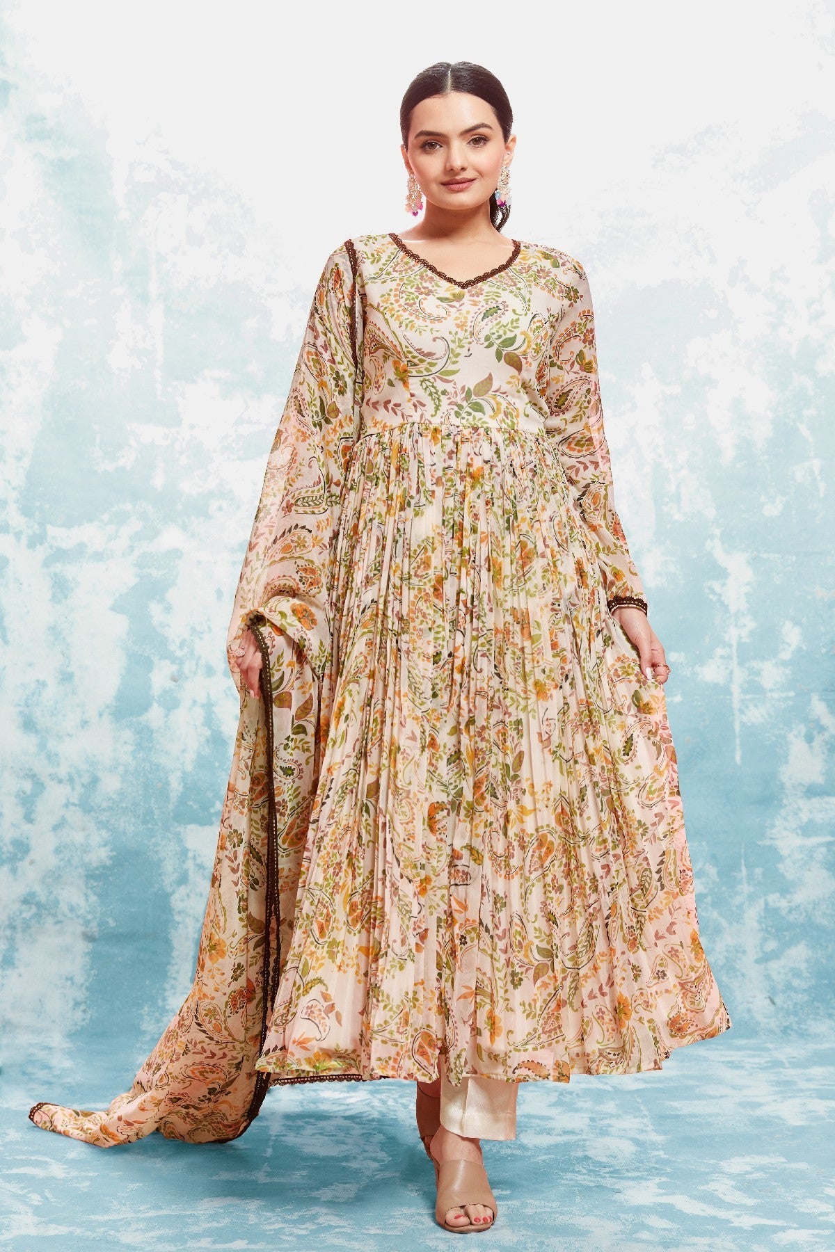 Stylish Chiffon Digital Printed Anarkali Pant Suit - ETHNICDEAL