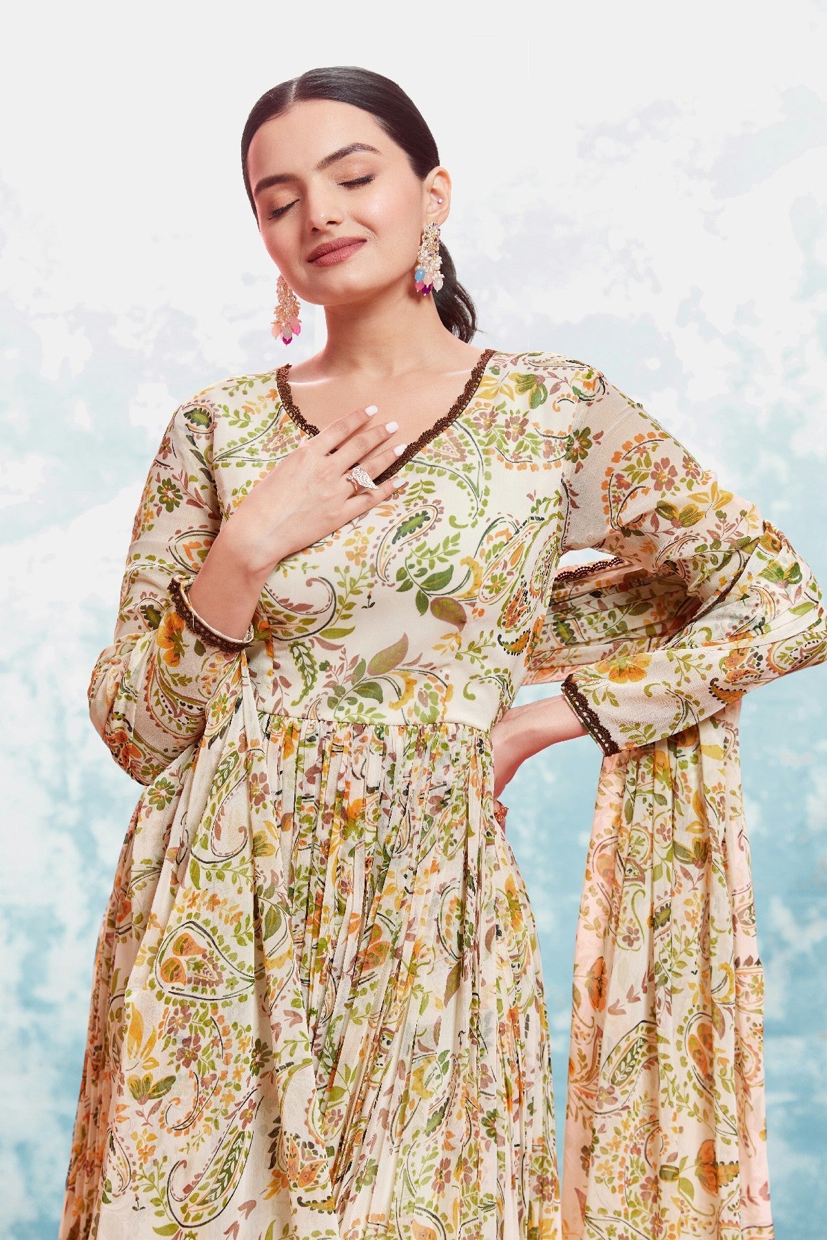 Stylish Chiffon Digital Printed Anarkali Pant Suit - ETHNICDEAL