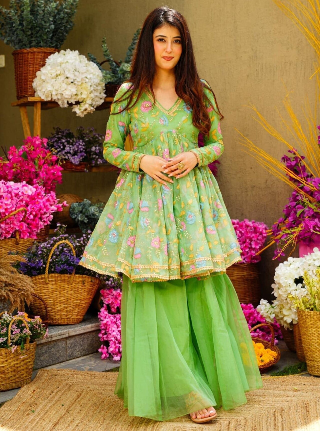 Graceful Pista Green Handpainted Sequins Zari Worked Organza Palazzo Suit - ETHNICDEAL