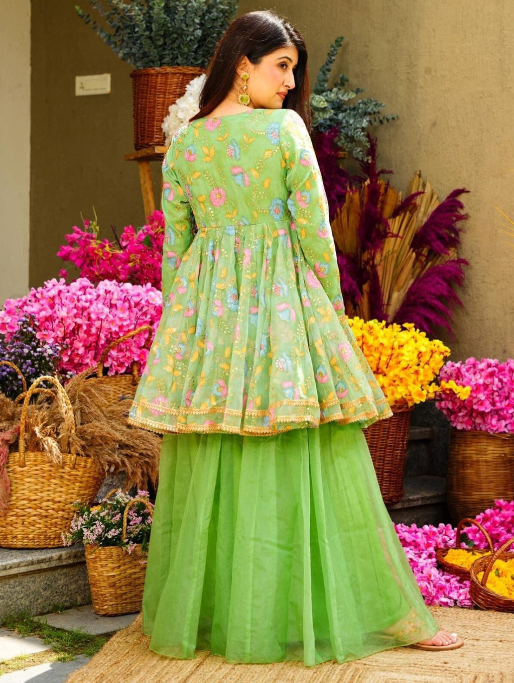 Graceful Pista Green Handpainted Sequins Zari Worked Organza Palazzo Suit - ETHNICDEAL