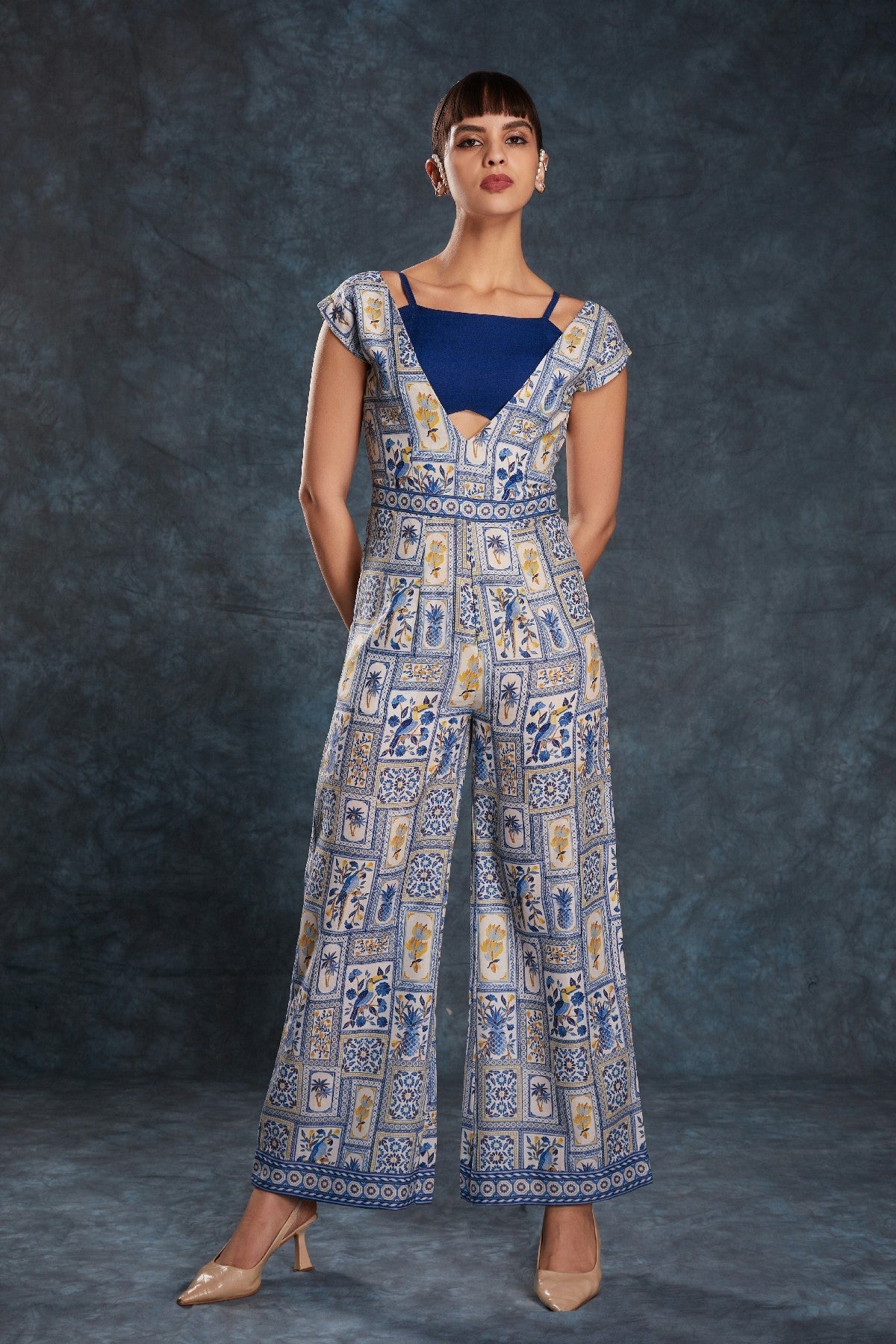 Navy Blue Printed Linen Jumpsuit with Blouse – Chic & Contemporary Fusion - ETHNICDEAL