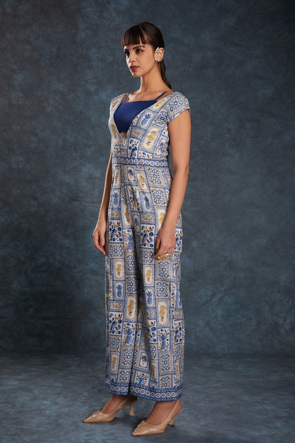 Navy Blue Printed Linen Jumpsuit with Blouse – Chic & Contemporary Fusion - ETHNICDEAL