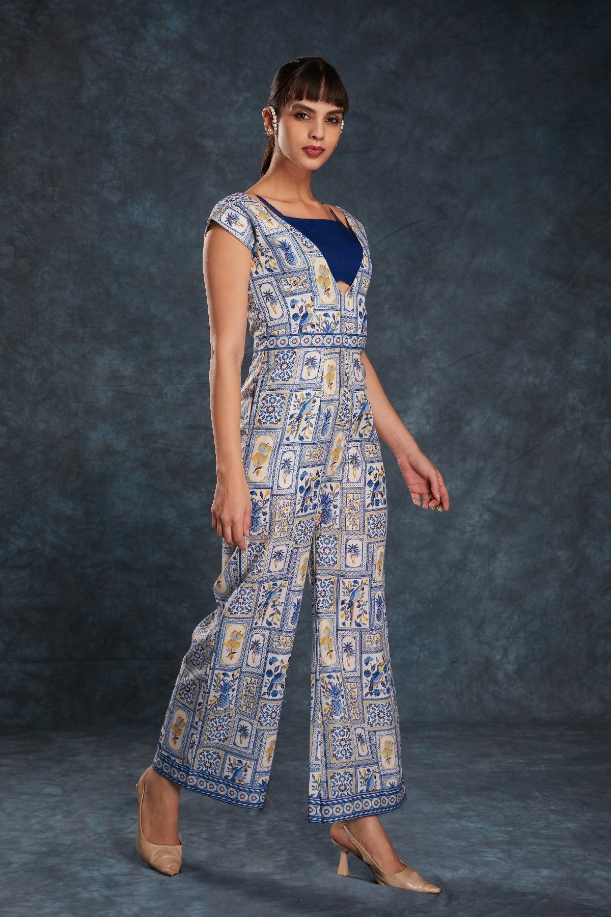 Navy Blue Printed Linen Jumpsuit with Blouse – Chic & Contemporary Fusion - ETHNICDEAL