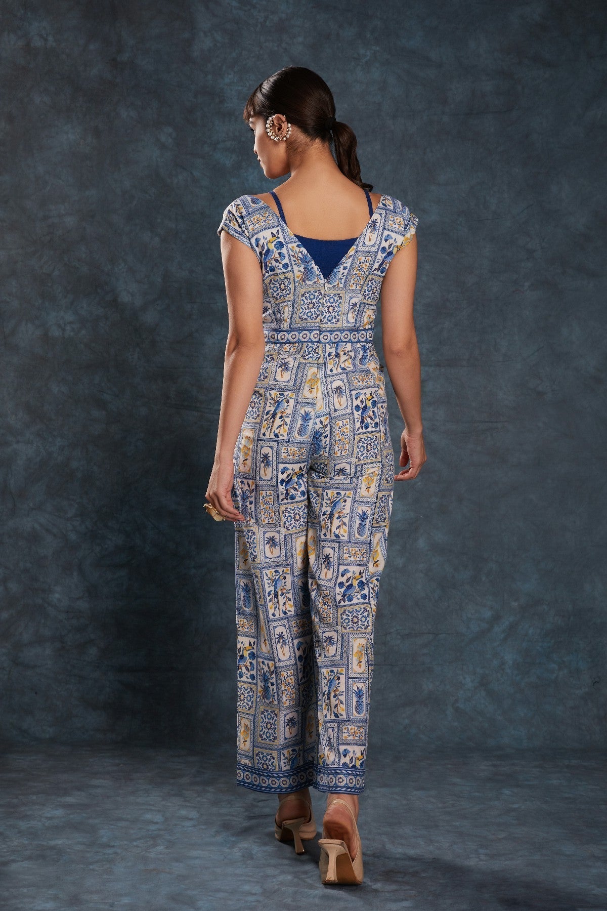 Navy Blue Printed Linen Jumpsuit with Blouse – Chic & Contemporary Fusion - ETHNICDEAL