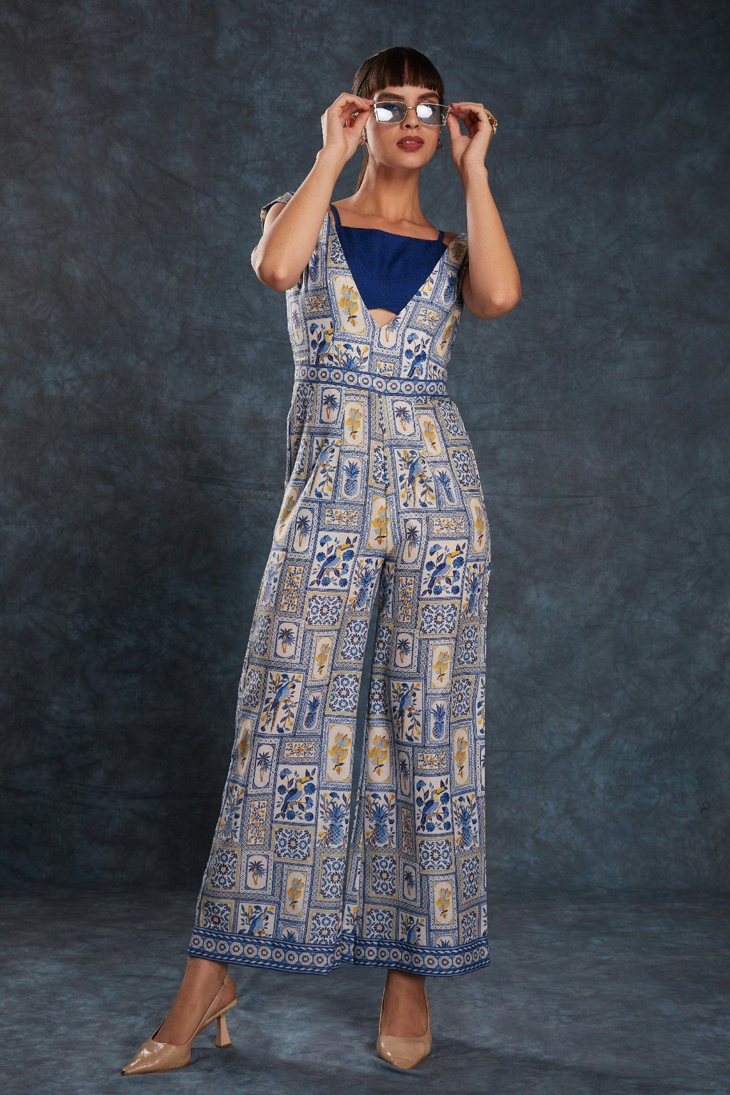 Navy Blue Printed Linen Jumpsuit with Blouse – Chic & Contemporary Fusion - ETHNICDEAL