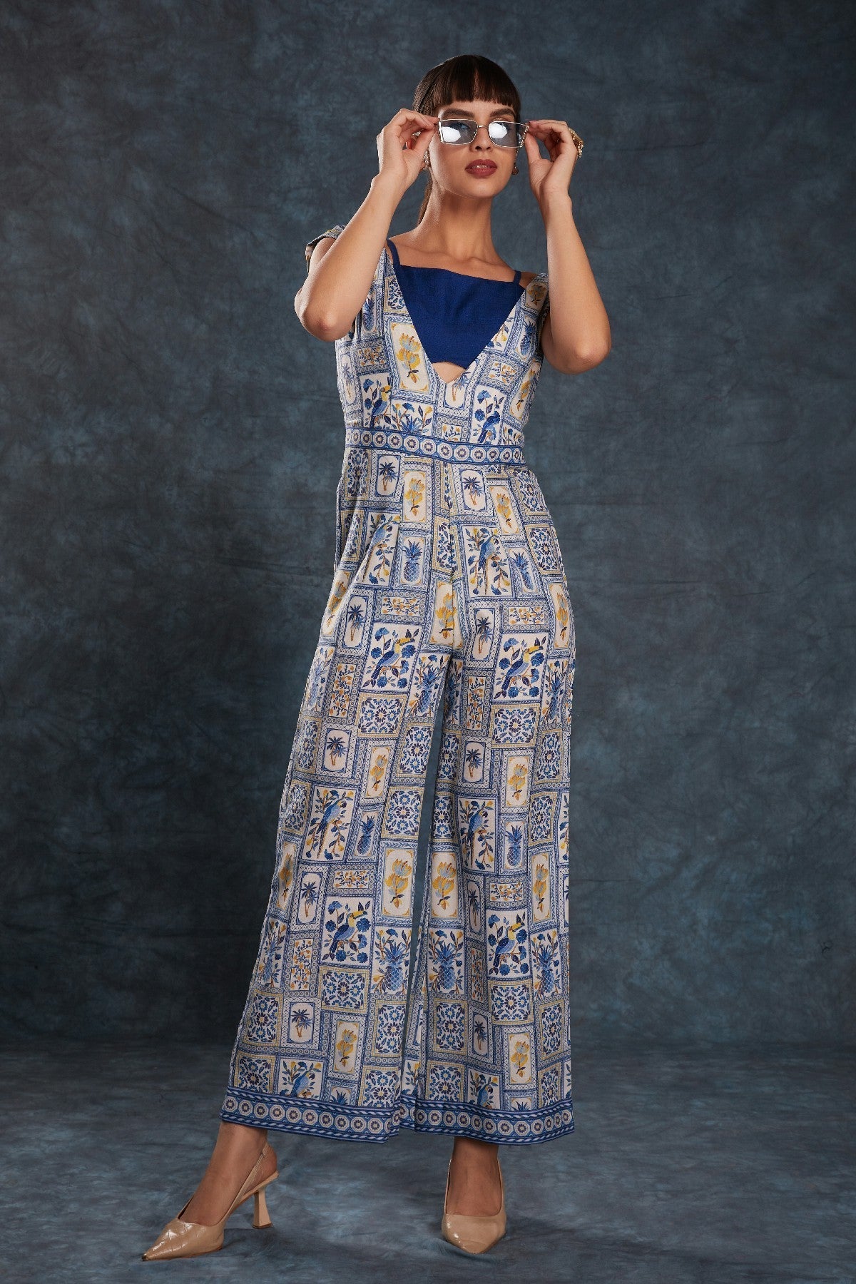 Navy Blue Printed Linen Jumpsuit with Blouse – Chic & Contemporary Fusion - ETHNICDEAL