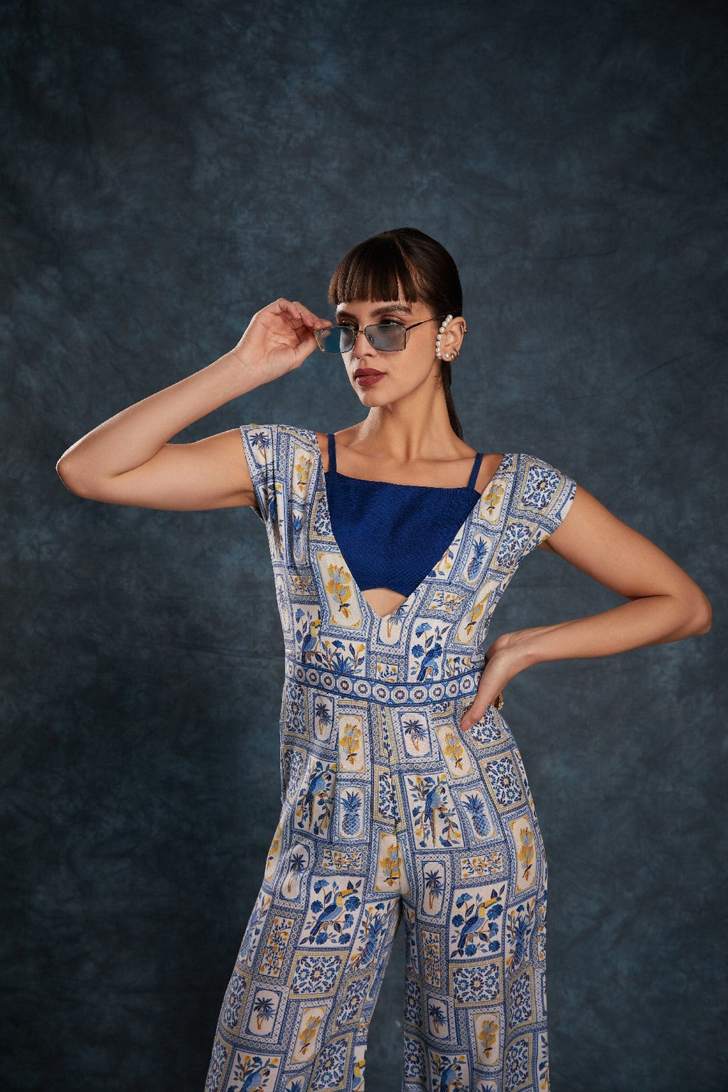 Navy Blue Printed Linen Jumpsuit with Blouse – Chic & Contemporary Fusion - ETHNICDEAL
