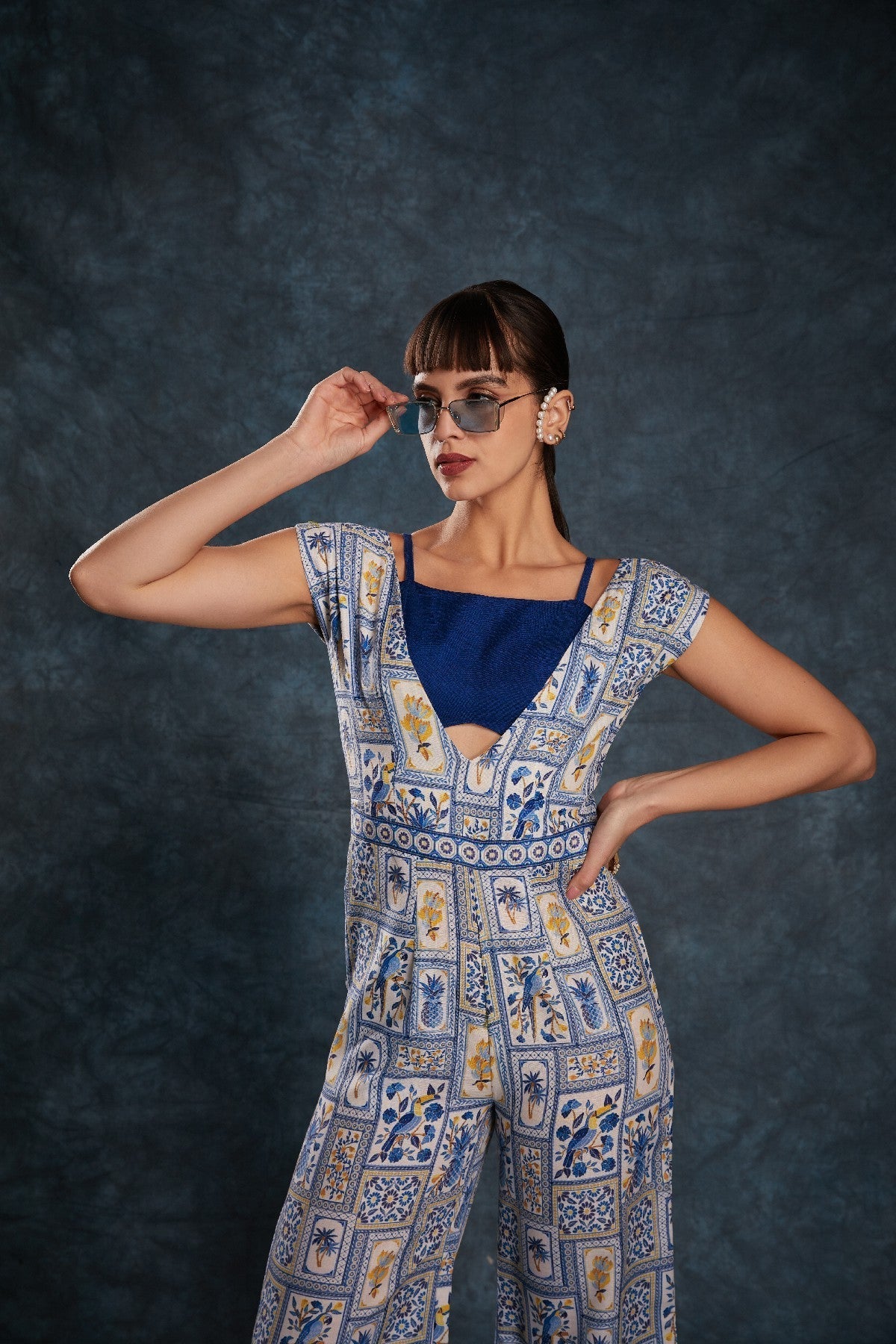 Navy Blue Printed Linen Jumpsuit with Blouse – Chic & Contemporary Fusion - ETHNICDEAL