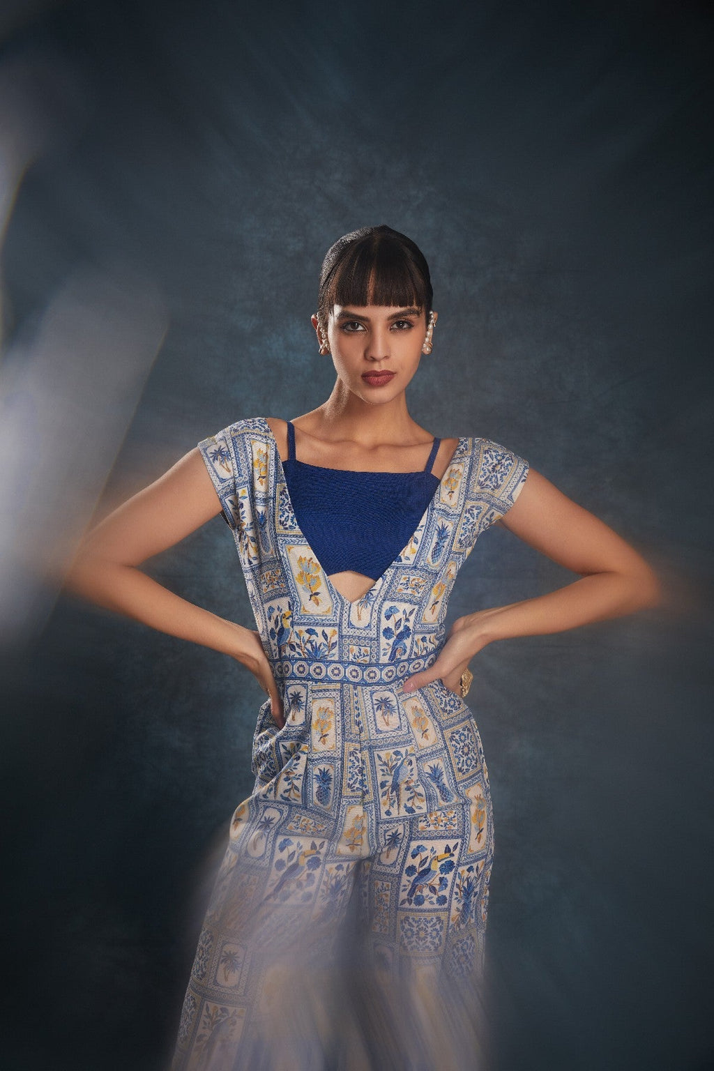 Navy Blue Printed Linen Jumpsuit with Blouse – Chic & Contemporary Fusion - ETHNICDEAL