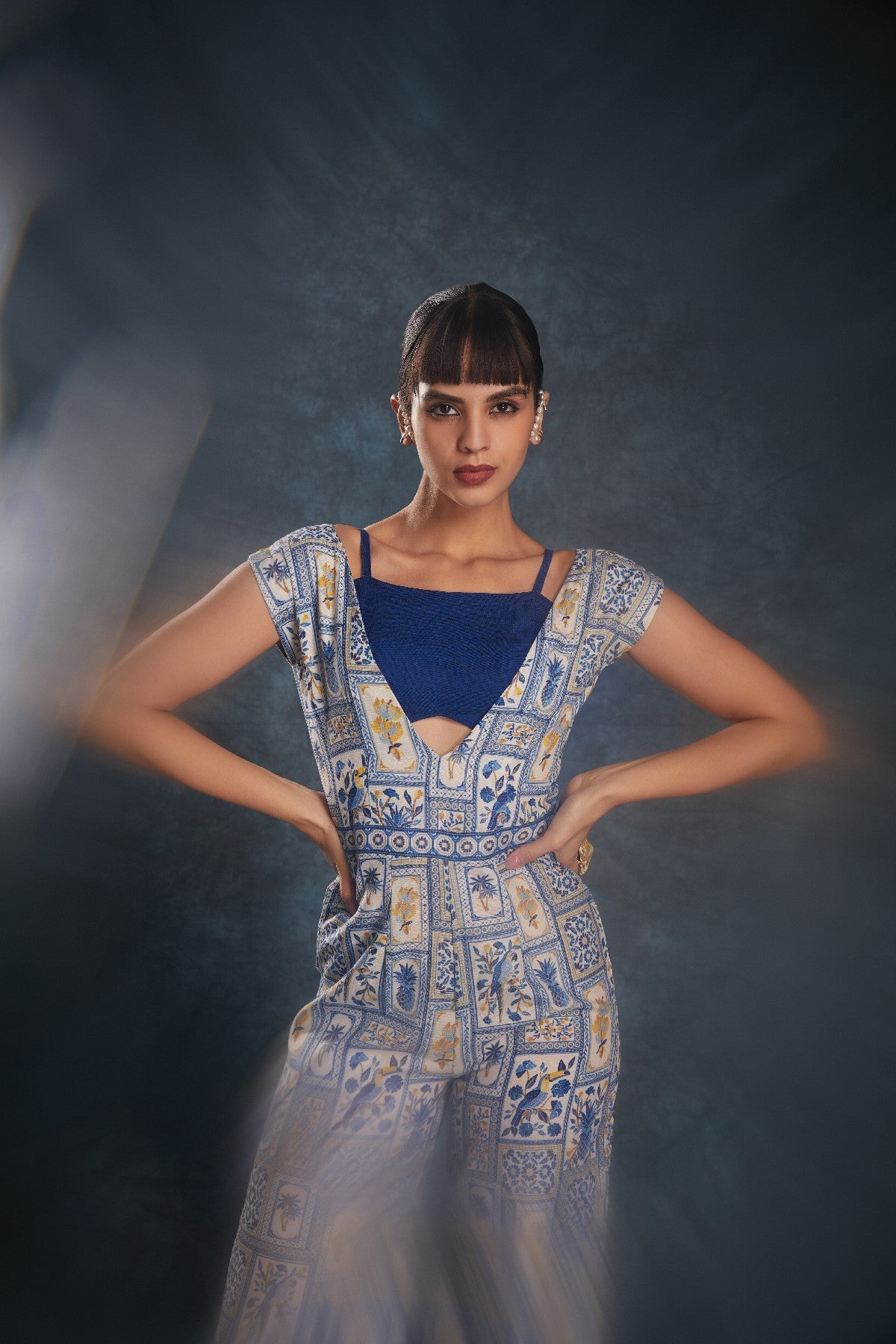 Navy Blue Printed Linen Jumpsuit with Blouse – Chic & Contemporary Fusion - ETHNICDEAL