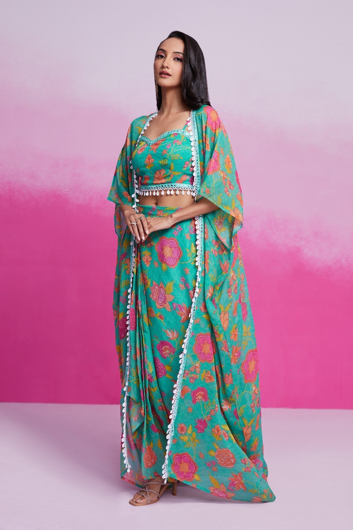 Turquoise Printed & Embroidered Georgette Co-Ord Set - ETHNICDEAL