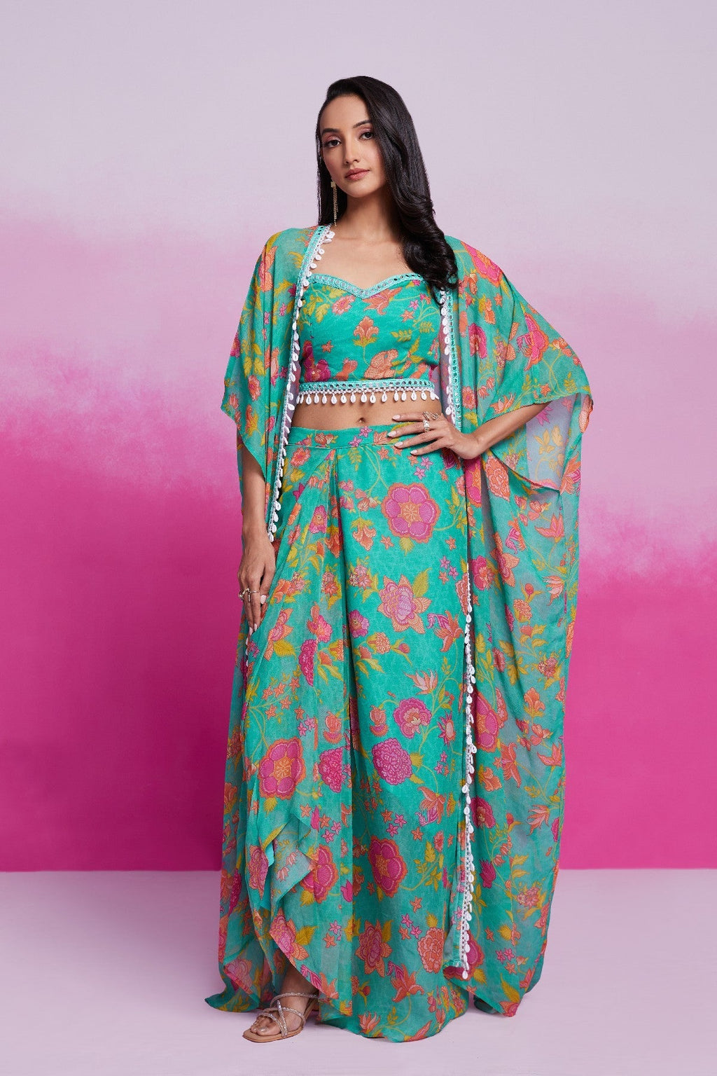 Turquoise Printed & Embroidered Georgette Co-Ord Set - ETHNICDEAL