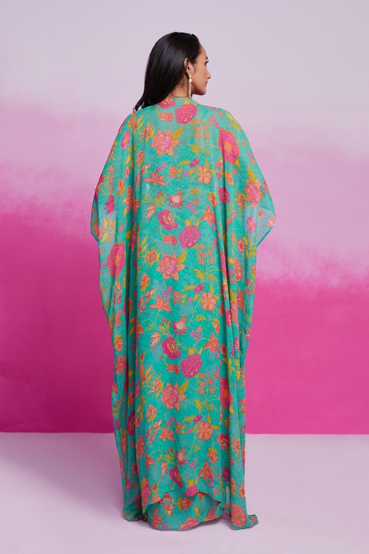 Turquoise Printed & Embroidered Georgette Co-Ord Set - ETHNICDEAL