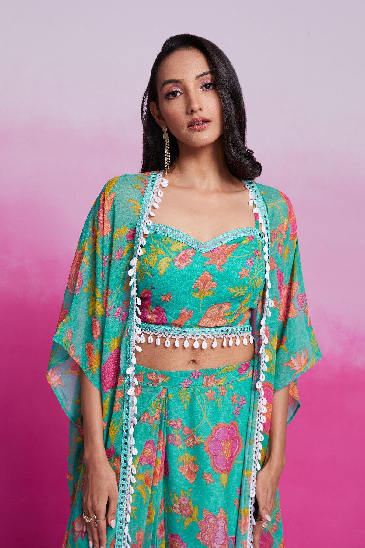 Turquoise Printed & Embroidered Georgette Co-Ord Set - ETHNICDEAL