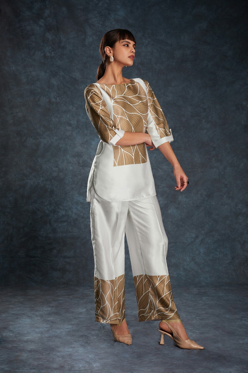 White Printed Linen Satin Co-Ord Set – Minimalist Luxe With  Modern Twist - ETHNICDEAL