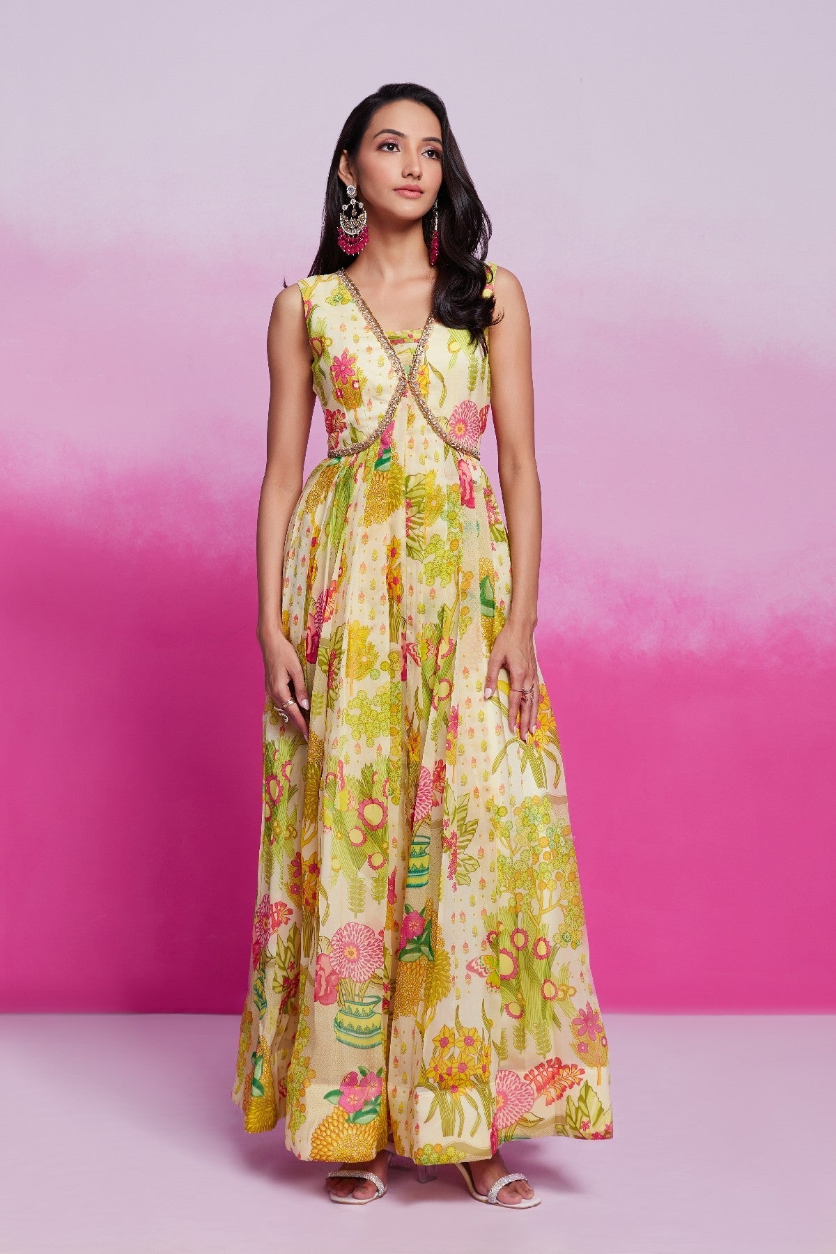 Amazing Yellow Handworked Floral Printed Organza Gown - ETHNICDEAL