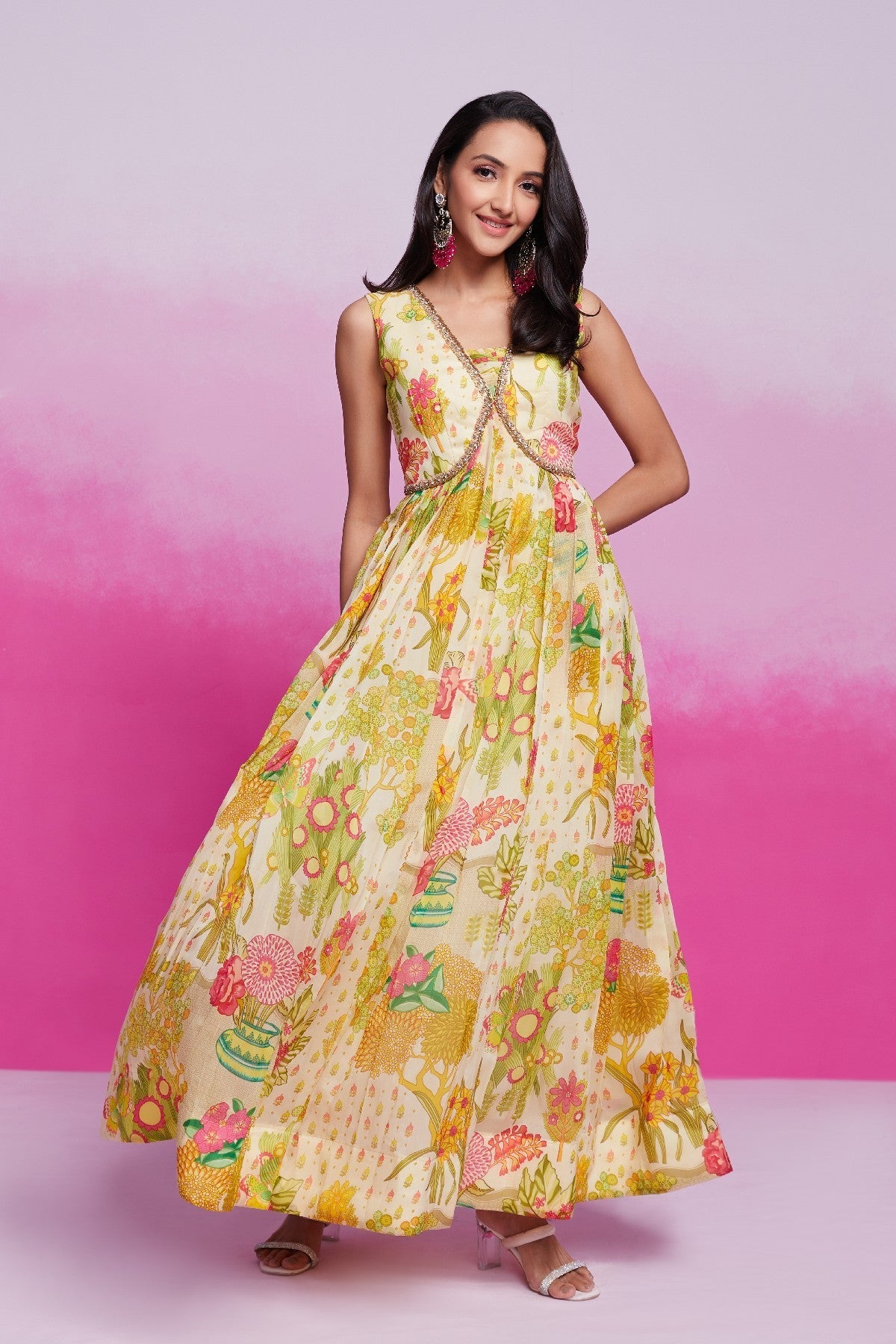 Amazing Yellow Handworked Floral Printed Organza Gown - ETHNICDEAL