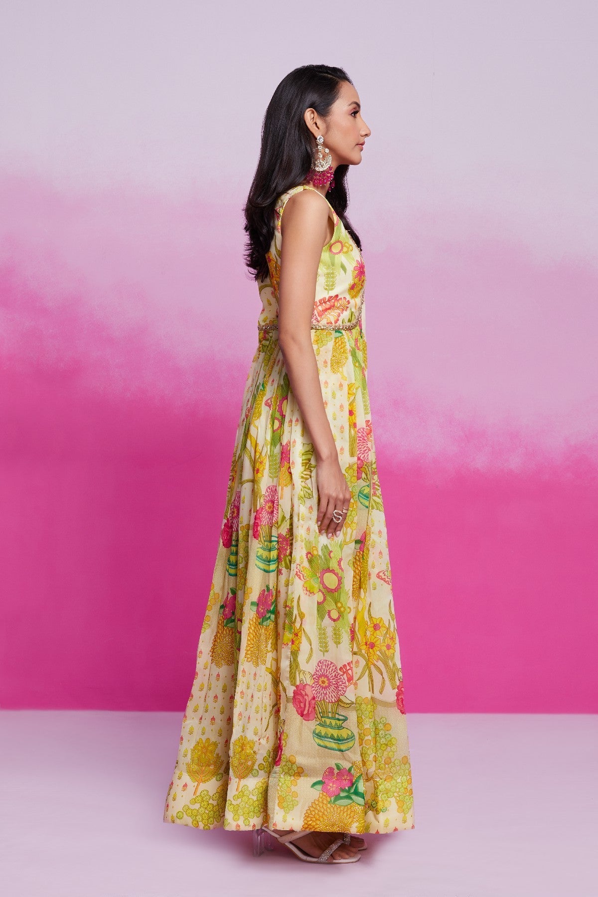 Amazing Yellow Handworked Floral Printed Organza Gown - ETHNICDEAL