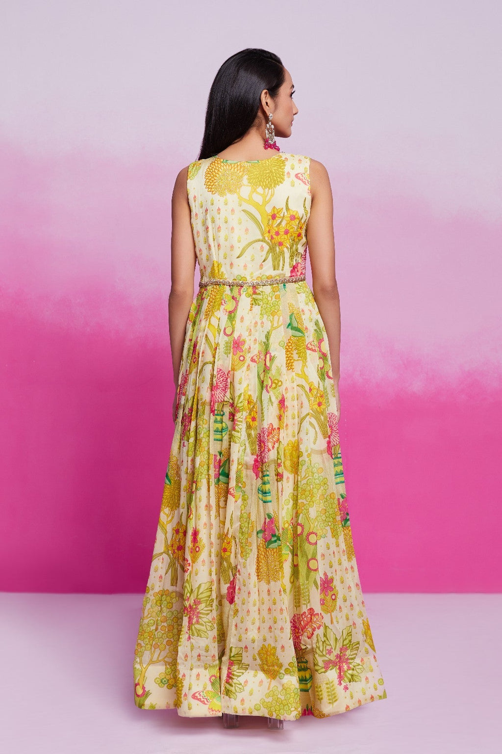 Amazing Yellow Handworked Floral Printed Organza Gown - ETHNICDEAL