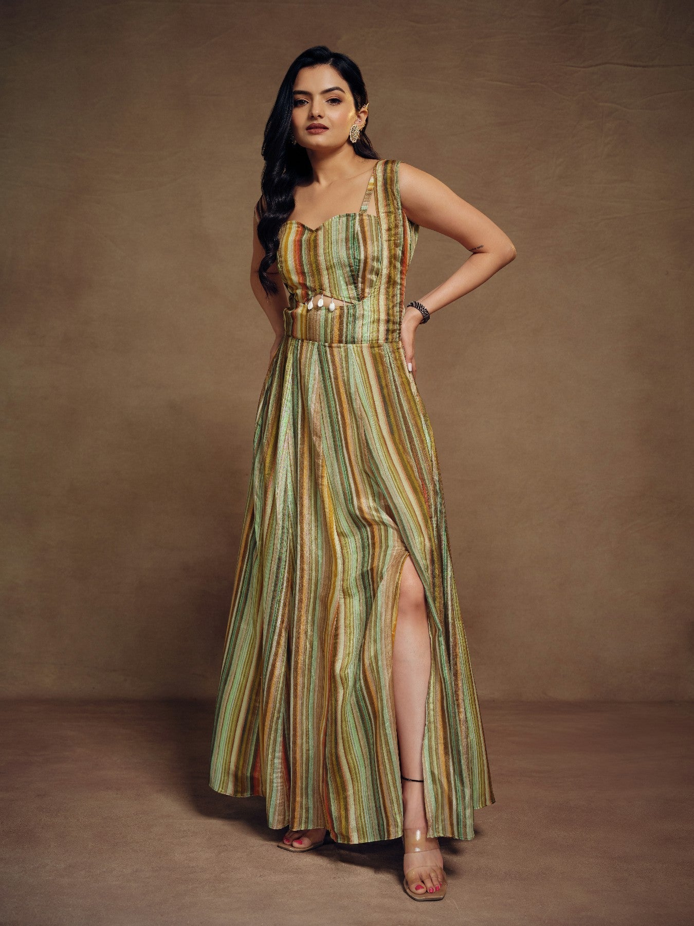 Graceful Abstract Printed Slit Cut Styled Silk Gown - ETHNICDEAL