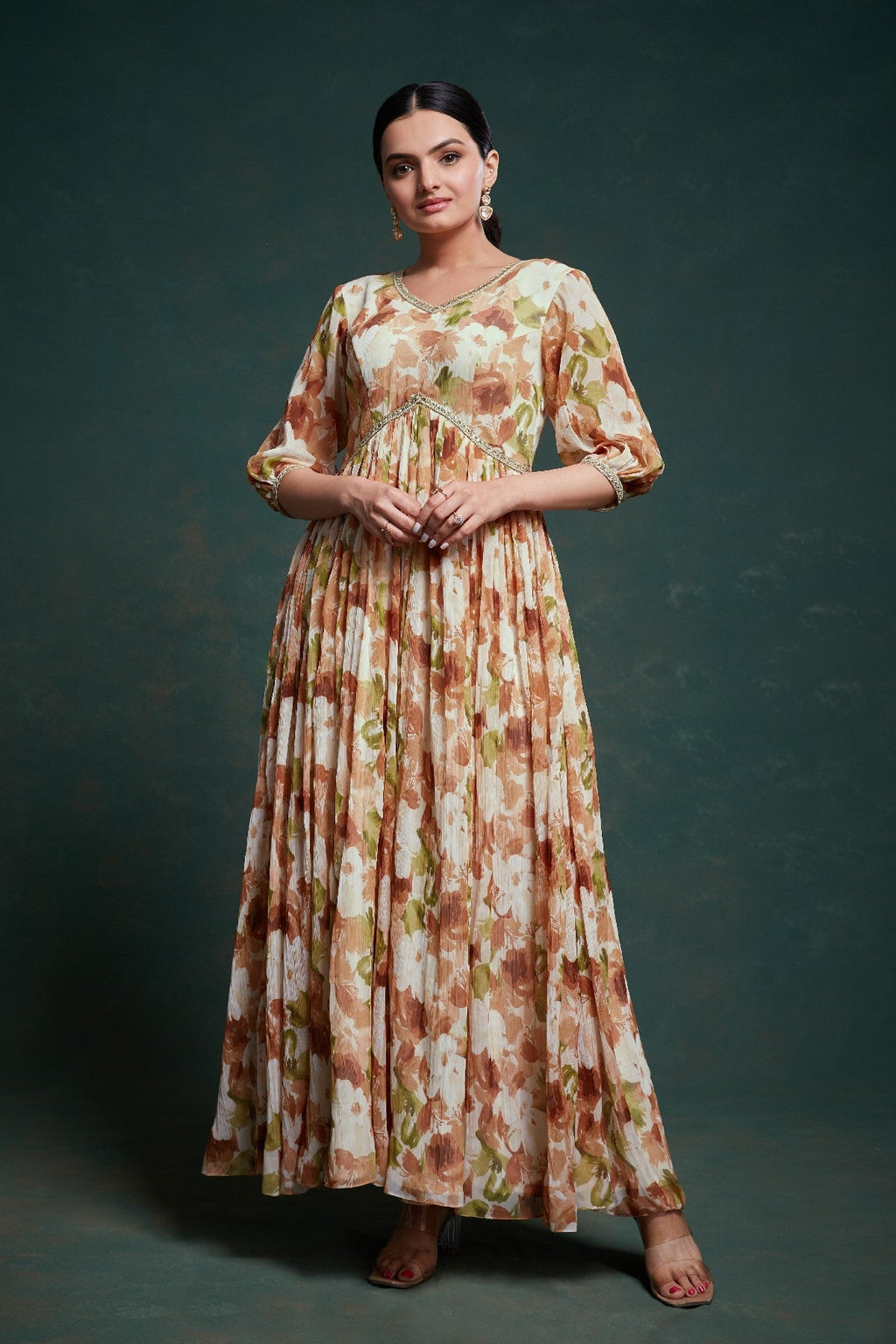Graceful Floral Printed Ready To Wear Chiffon Gown - ETHNICDEAL