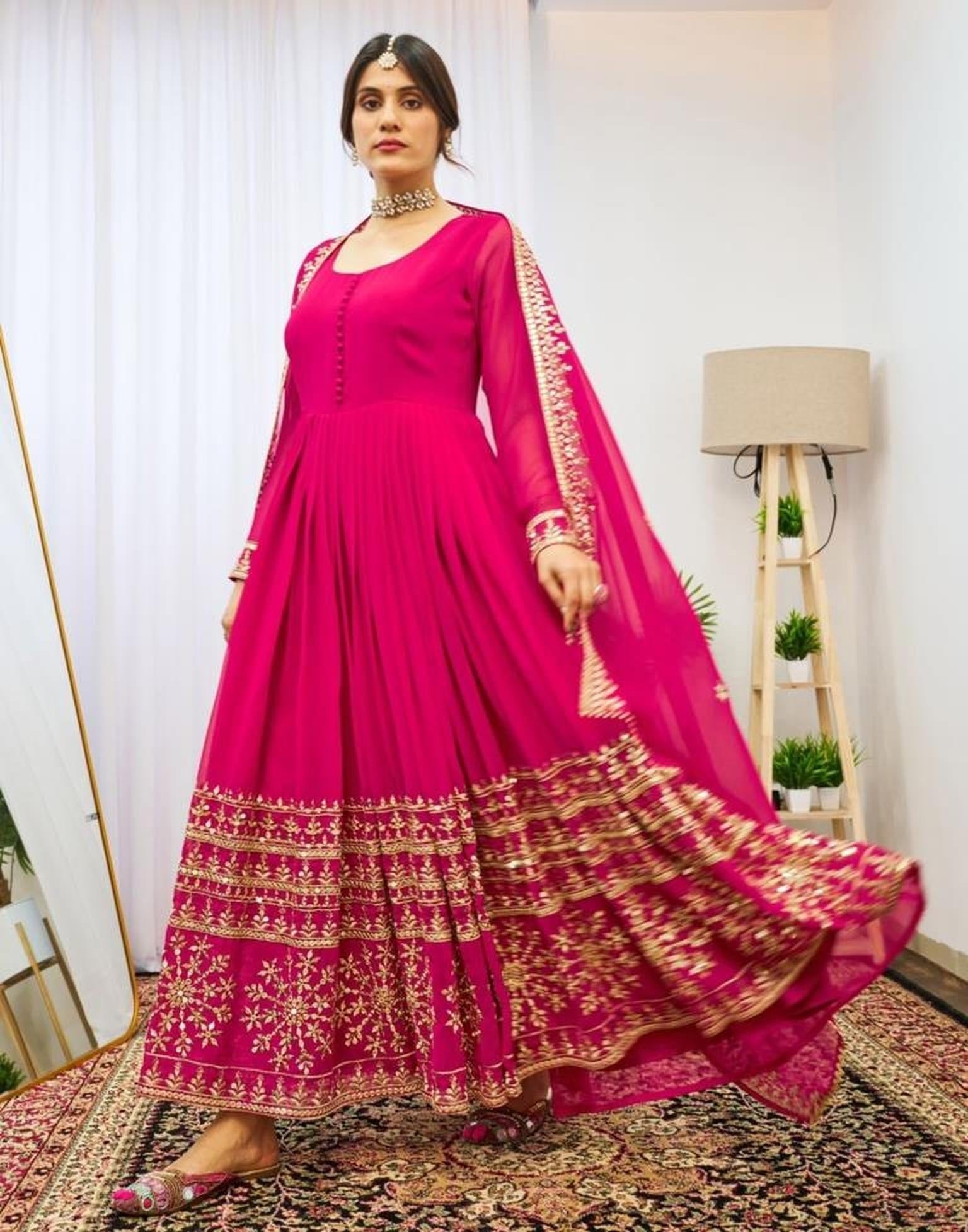 Graceful Pink Georgette Sequins Embroidered Gown With Dupatta - ETHNICDEAL